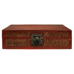Red Leather Letter Box with Raised Gold Leaf Decoration, China, Ca. 19th Century
