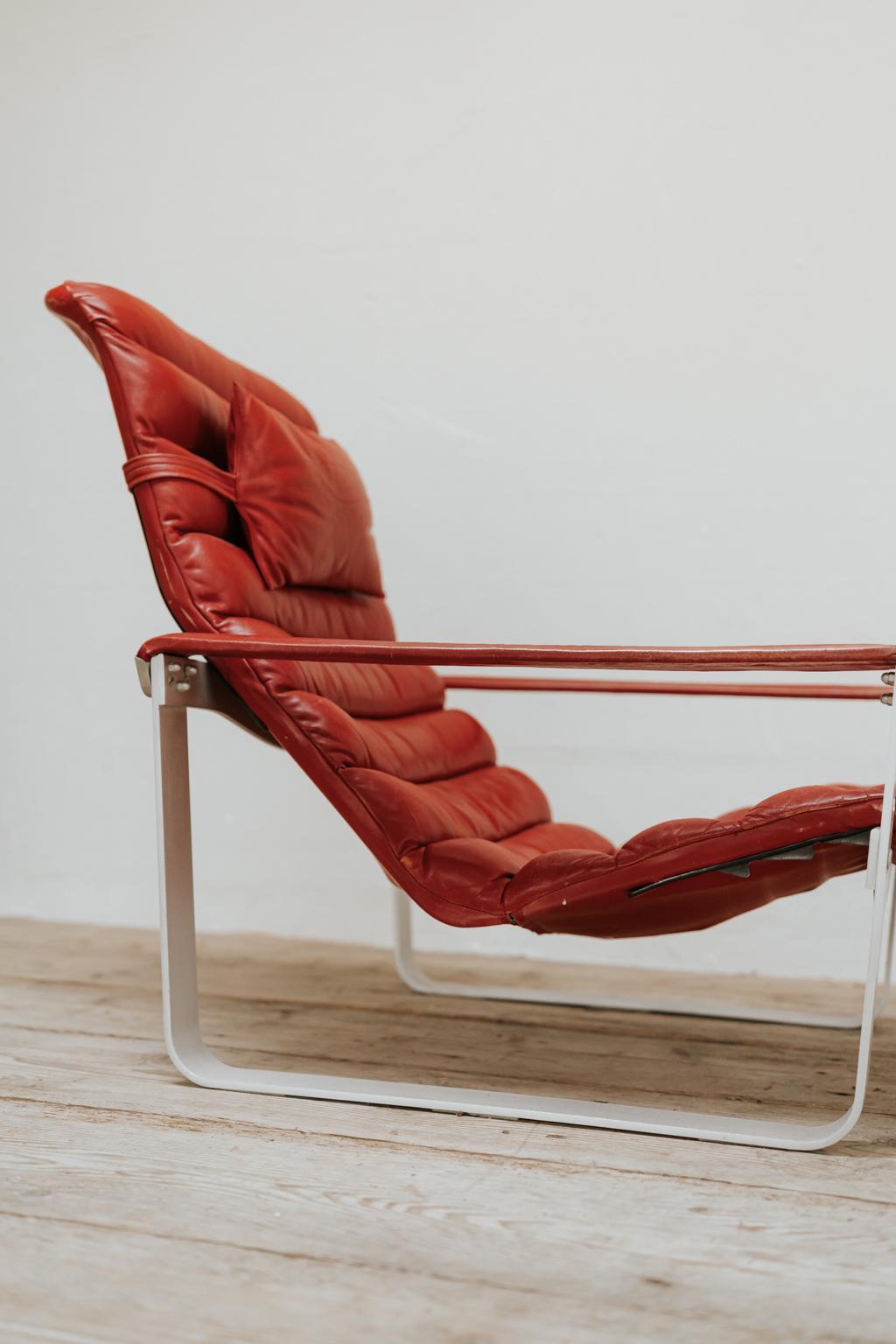 Red Leather Lounge Chair and Ottoman, Ilmari Lappalainen For Sale 3