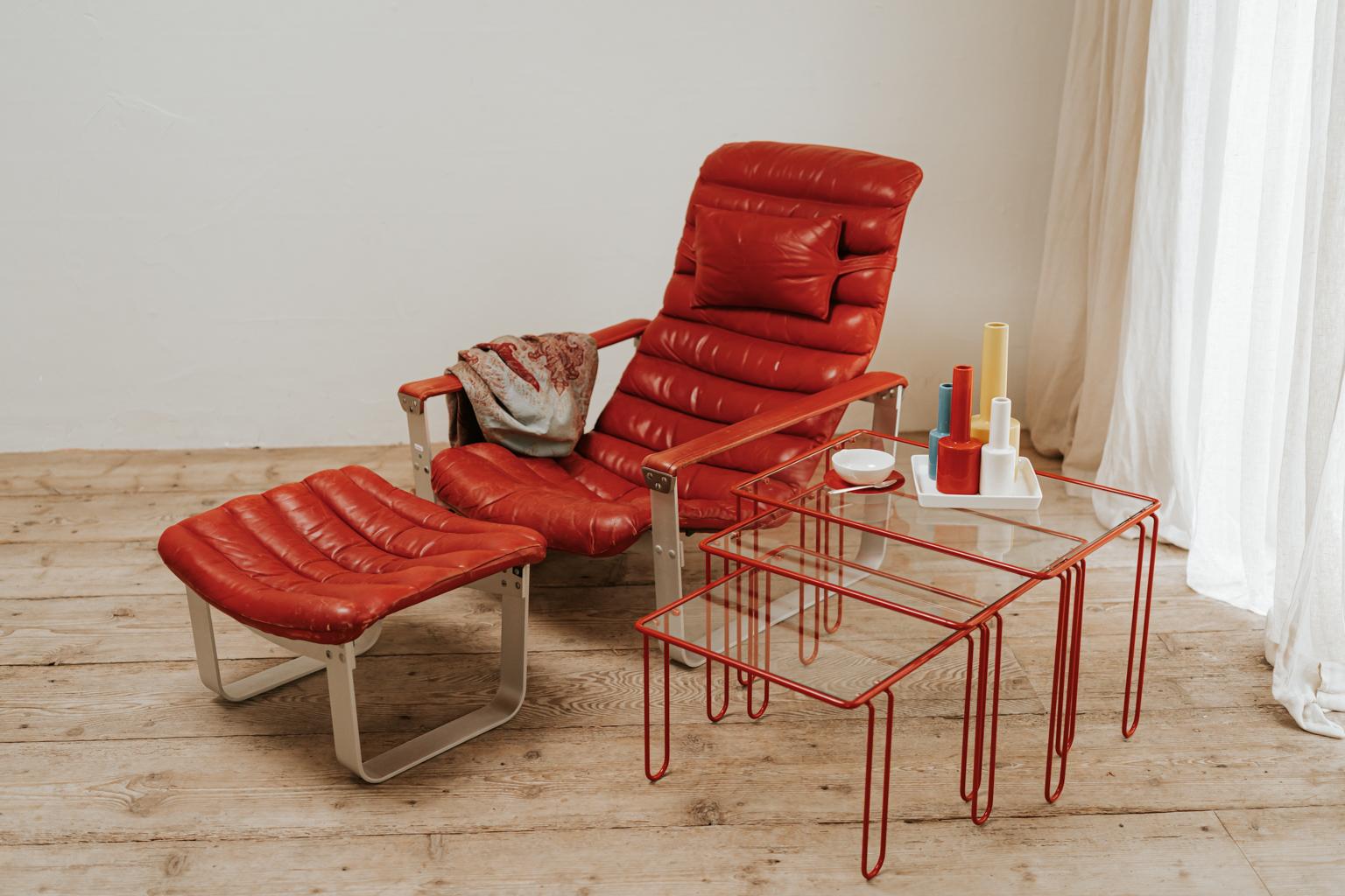 Red Leather Lounge Chair and Ottoman, Ilmari Lappalainen For Sale 4