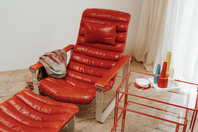 Red Leather Lounge Chair and Ottoman, Ilmari Lappalainen For Sale 9