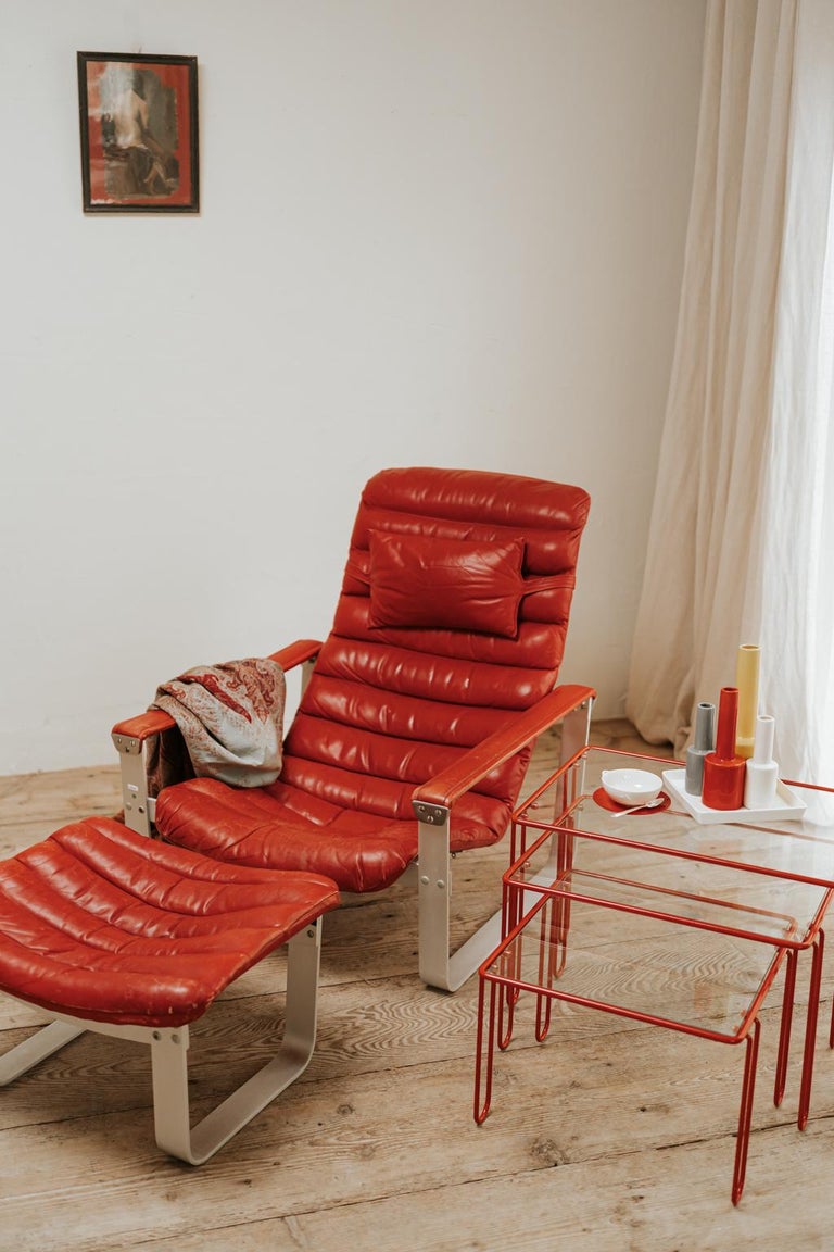 Finnish Red Leather Lounge Chair and Ottoman, Ilmari Lappalainen For Sale