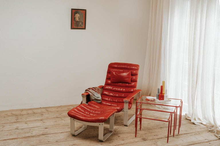 20th Century Red Leather Lounge Chair and Ottoman, Ilmari Lappalainen For Sale