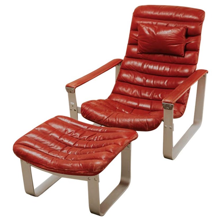 Red Leather Lounge Chair and Ottoman, Ilmari Lappalainen For Sale