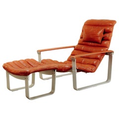 Red Leather Lounge Chair and Ottoman, Ilmari Lappalainen