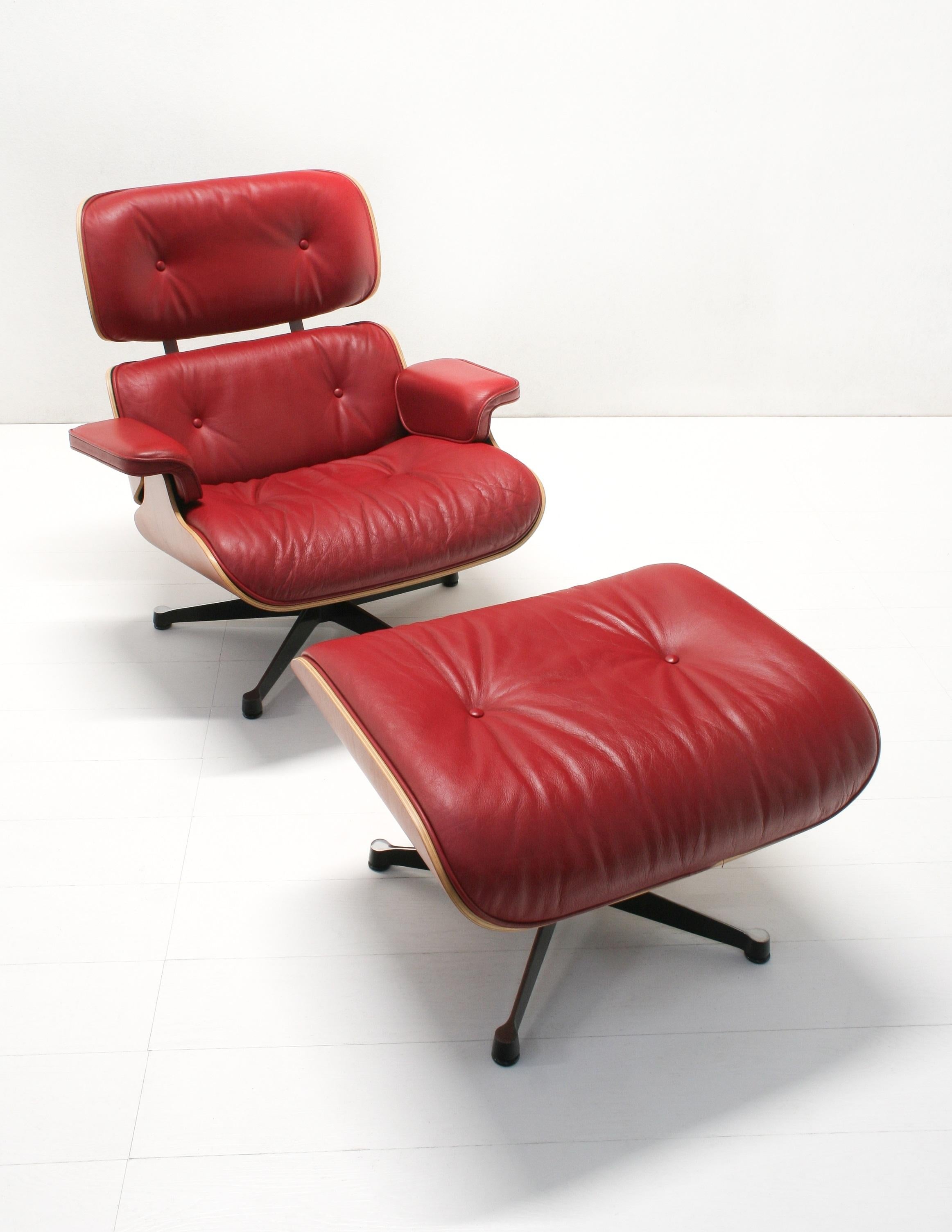 Mid-Century Modern Red Leather Lounge Chair & Ottoman by Charles Eames for Vitra