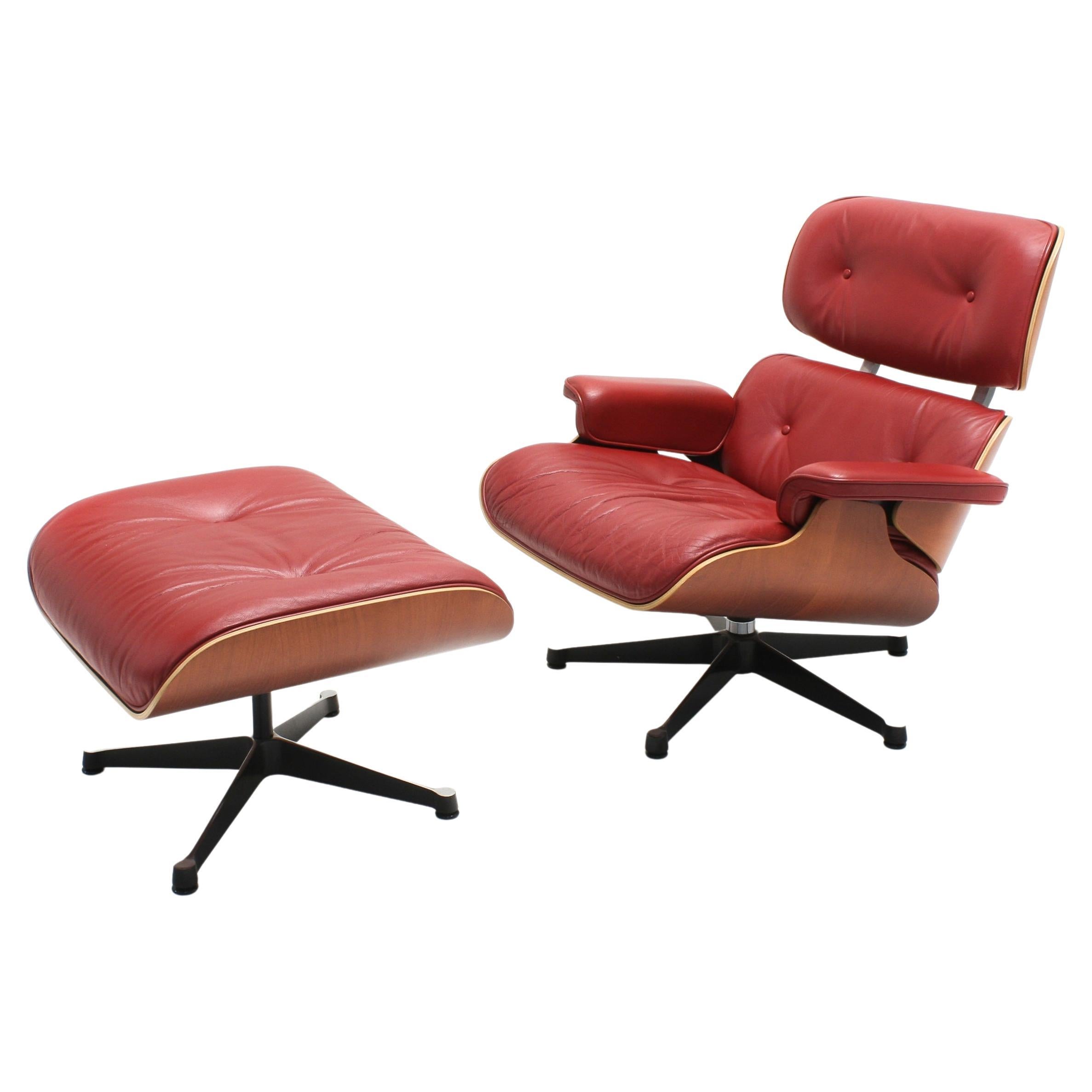 Red Leather Lounge Chair & Ottoman by Charles Eames for Vitra