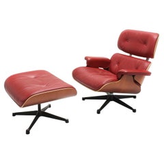 Vintage Red Leather Lounge Chair & Ottoman by Charles Eames for Vitra