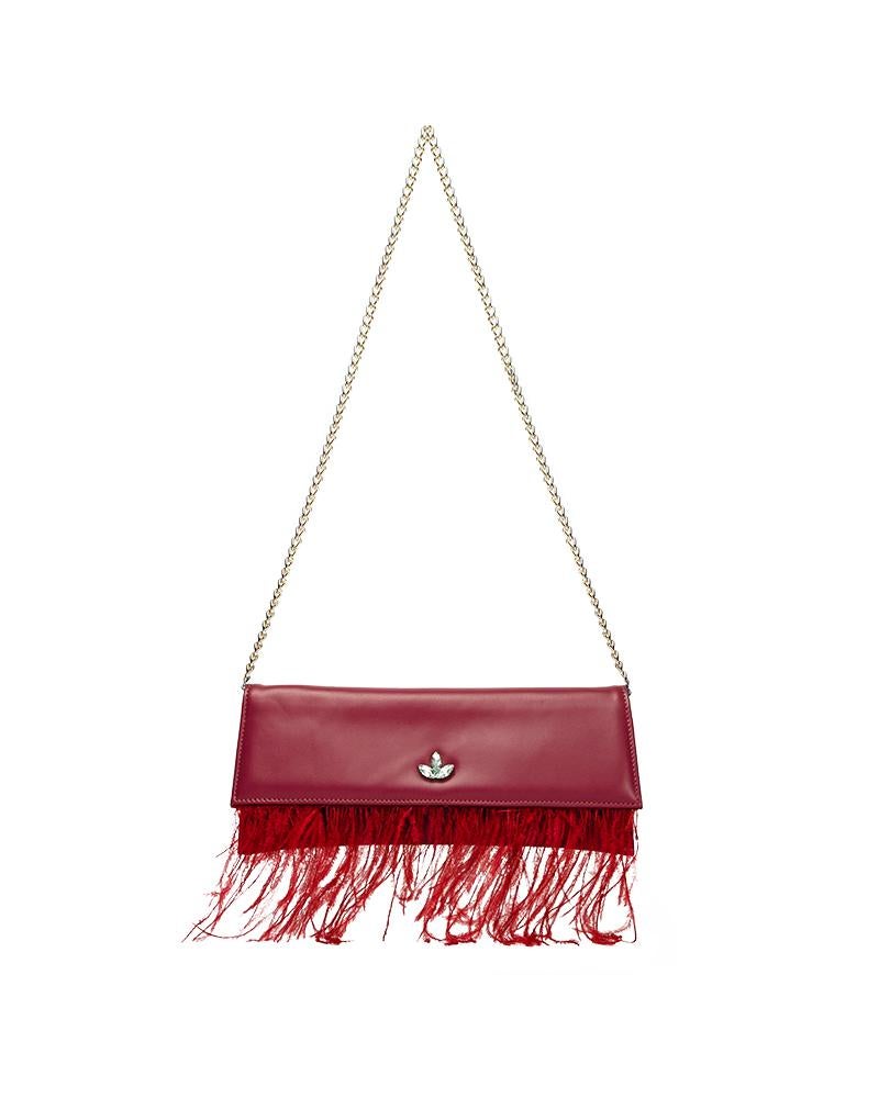 Red leather ostrich feathers shoulder bag NWOT In New Condition In Capri, IT