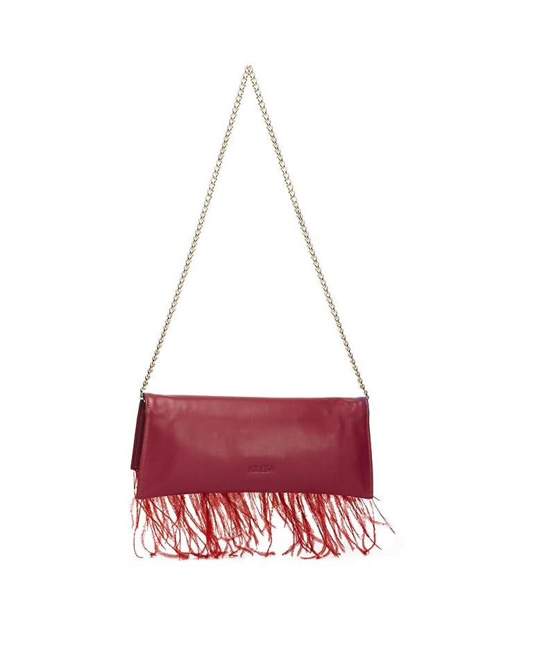 Women's Red leather ostrich feathers shoulder bag NWOT