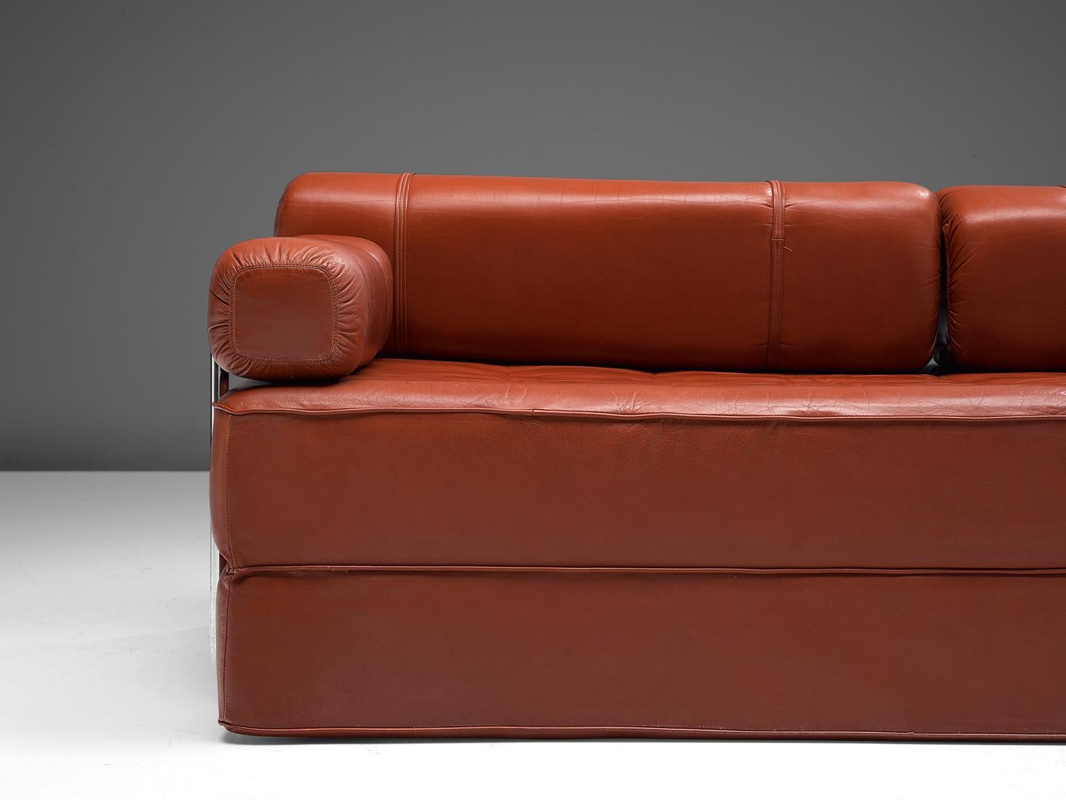 Mid-Century Modern Red Leather Sofa Daybed with Tubular Frame