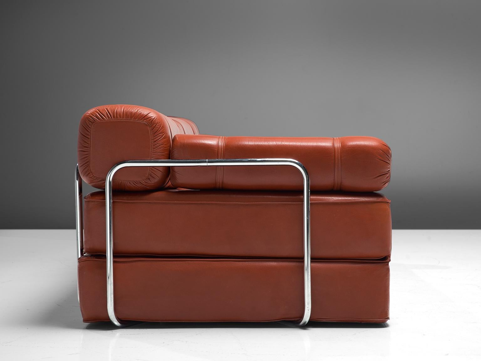 European Red Leather Sofa Daybed with Tubular Frame