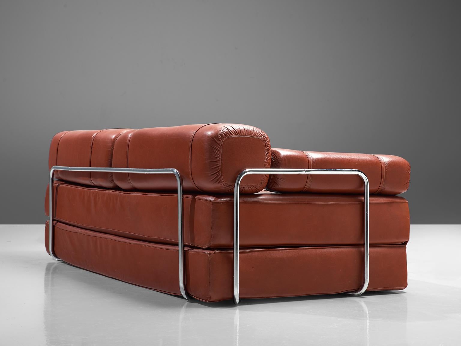 Red Leather Sofa Daybed with Tubular Frame In Good Condition In Waalwijk, NL