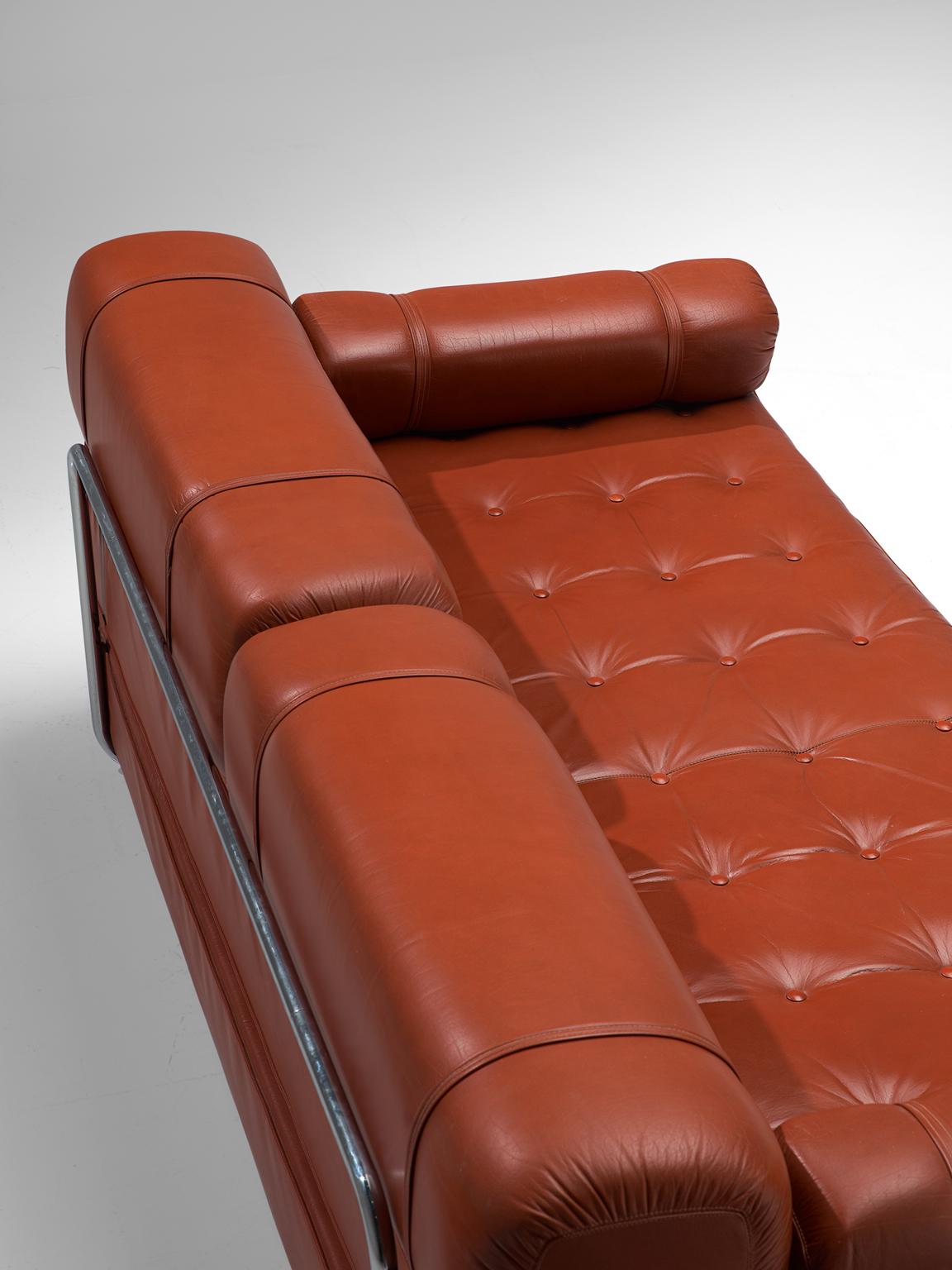 Late 20th Century Red Leather Sofa Daybed with Tubular Frame