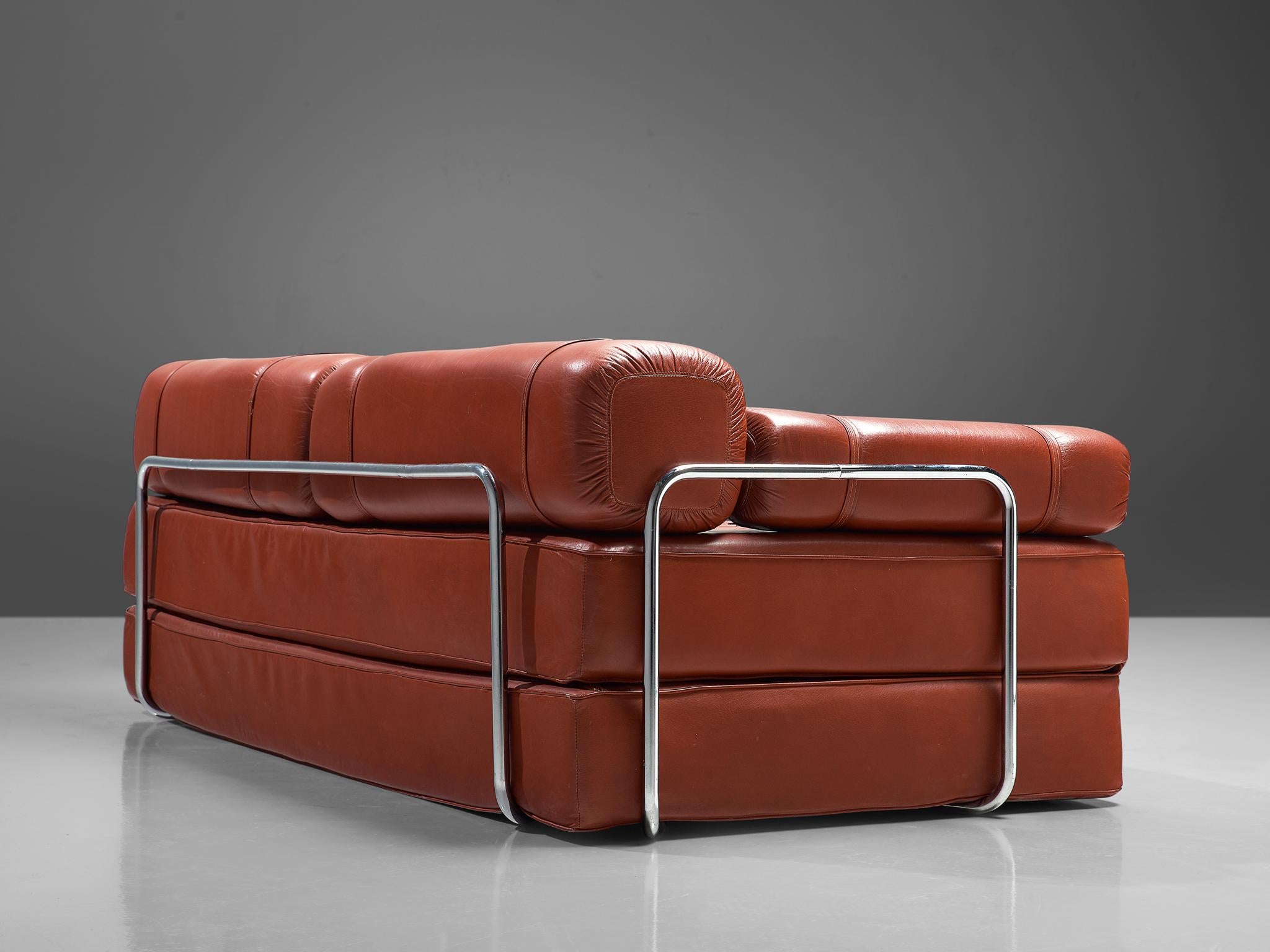 Mid-Century Modern Red Leather Sofa or Double Bed with Tubular Frame  For Sale