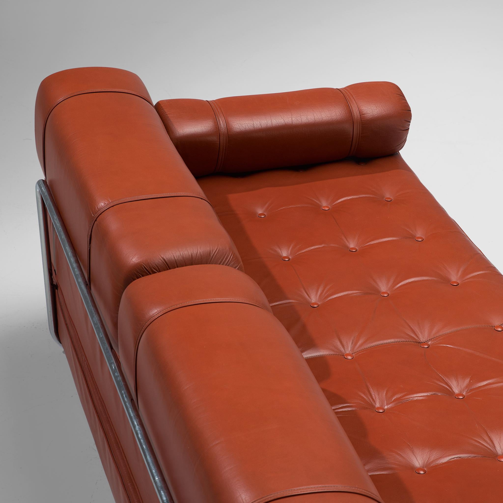European Red Leather Sofa or Double Bed with Tubular Frame  For Sale