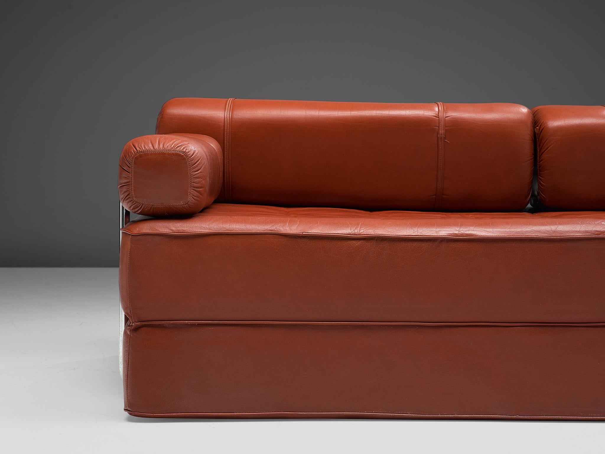 Red Leather Sofa or Double Bed with Tubular Frame  In Good Condition For Sale In Waalwijk, NL