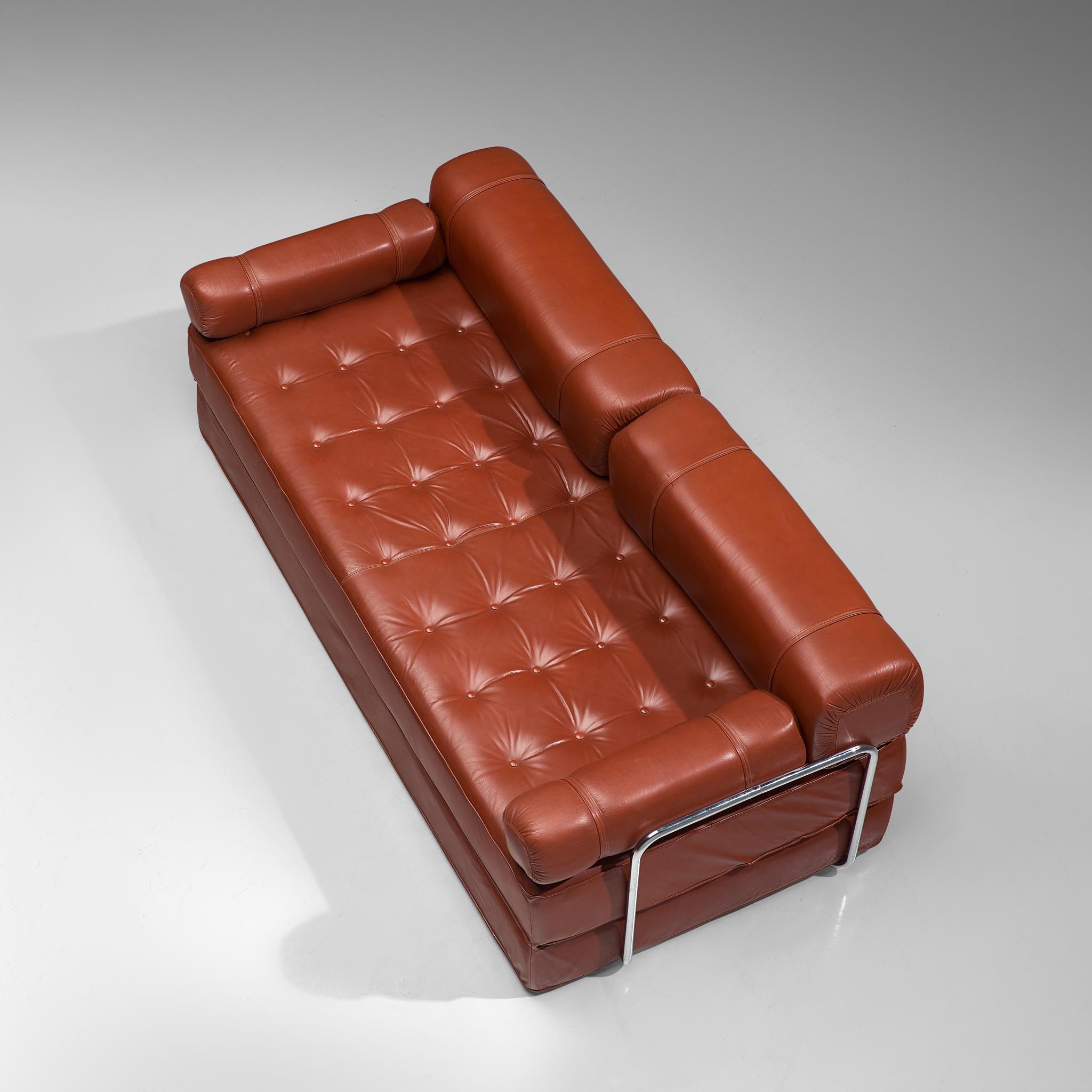 Metal Red Leather Sofa or Double Bed with Tubular Frame  For Sale
