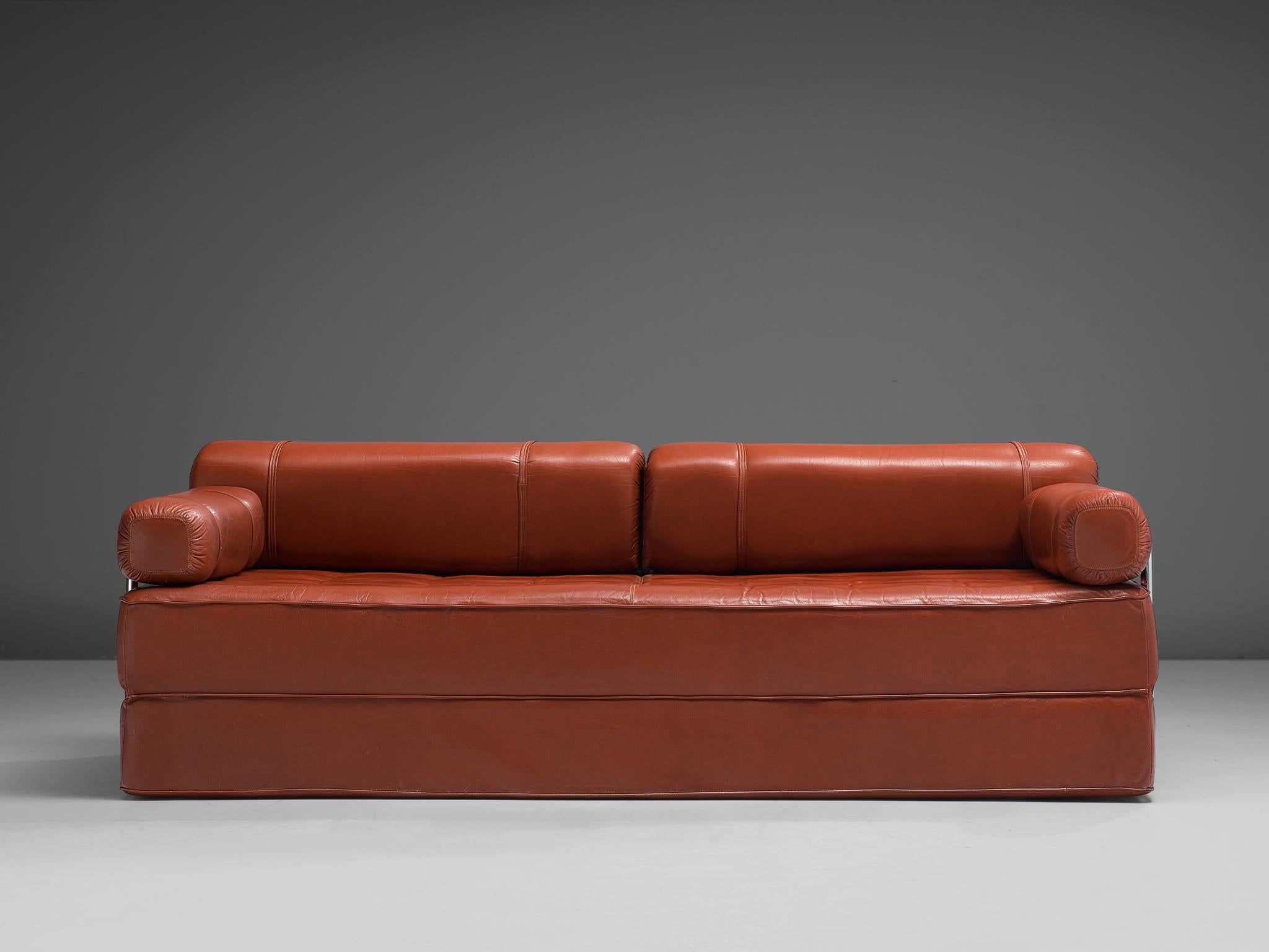 Red Leather Sofa or Double Bed with Tubular Frame  For Sale 1