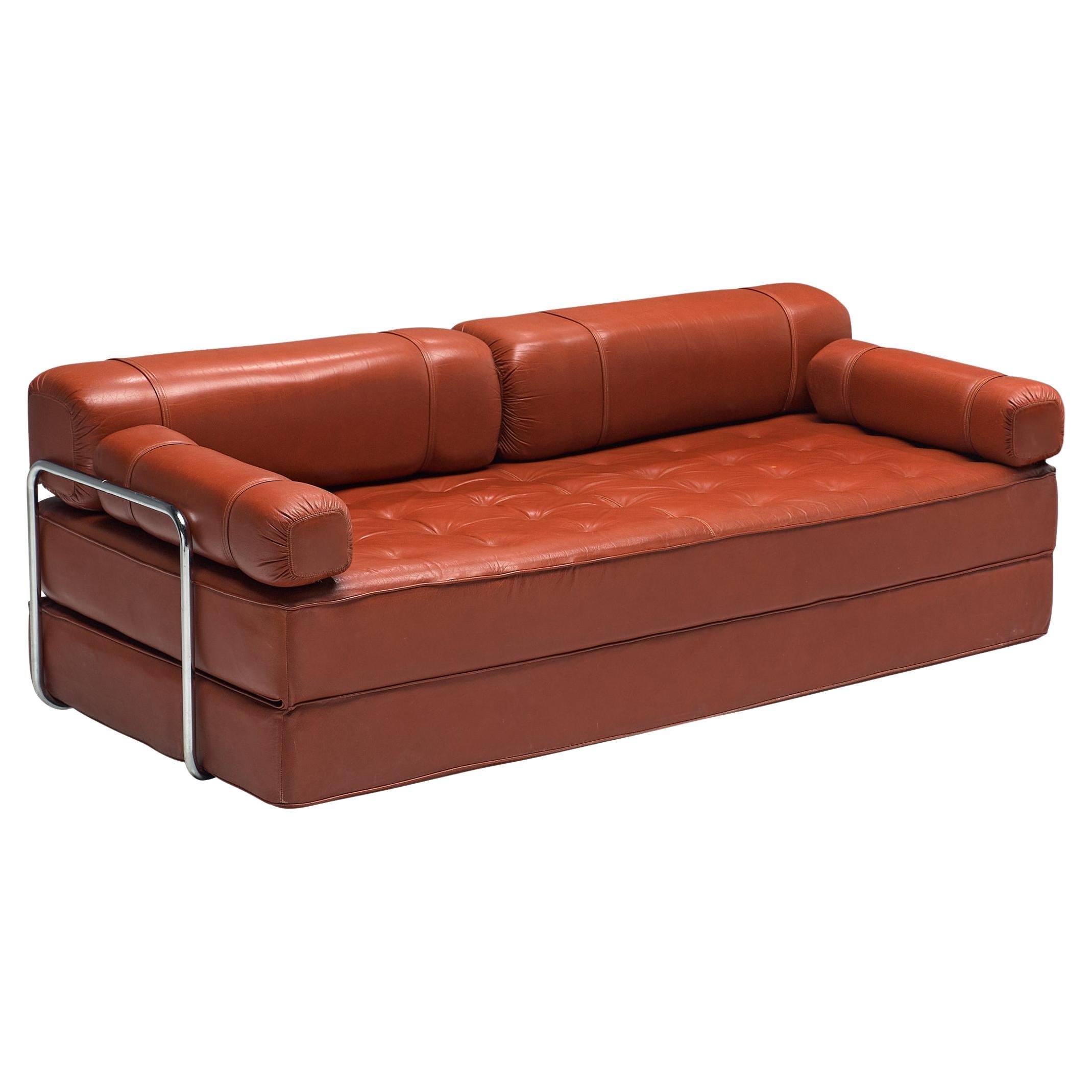 Red Leather Sofa or Double Bed with Tubular Frame 
