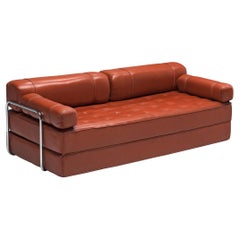 Used Red Leather Sofa or Double Bed with Tubular Frame 