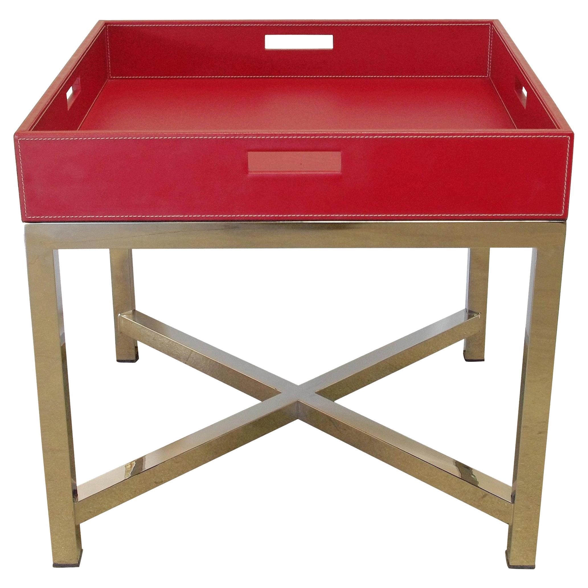 Red Leather and Stainless Steel Tray Table, Italy, 1980s