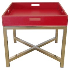 Table à plateau en cuir rouge et acier inoxydable, Italie, années 1980