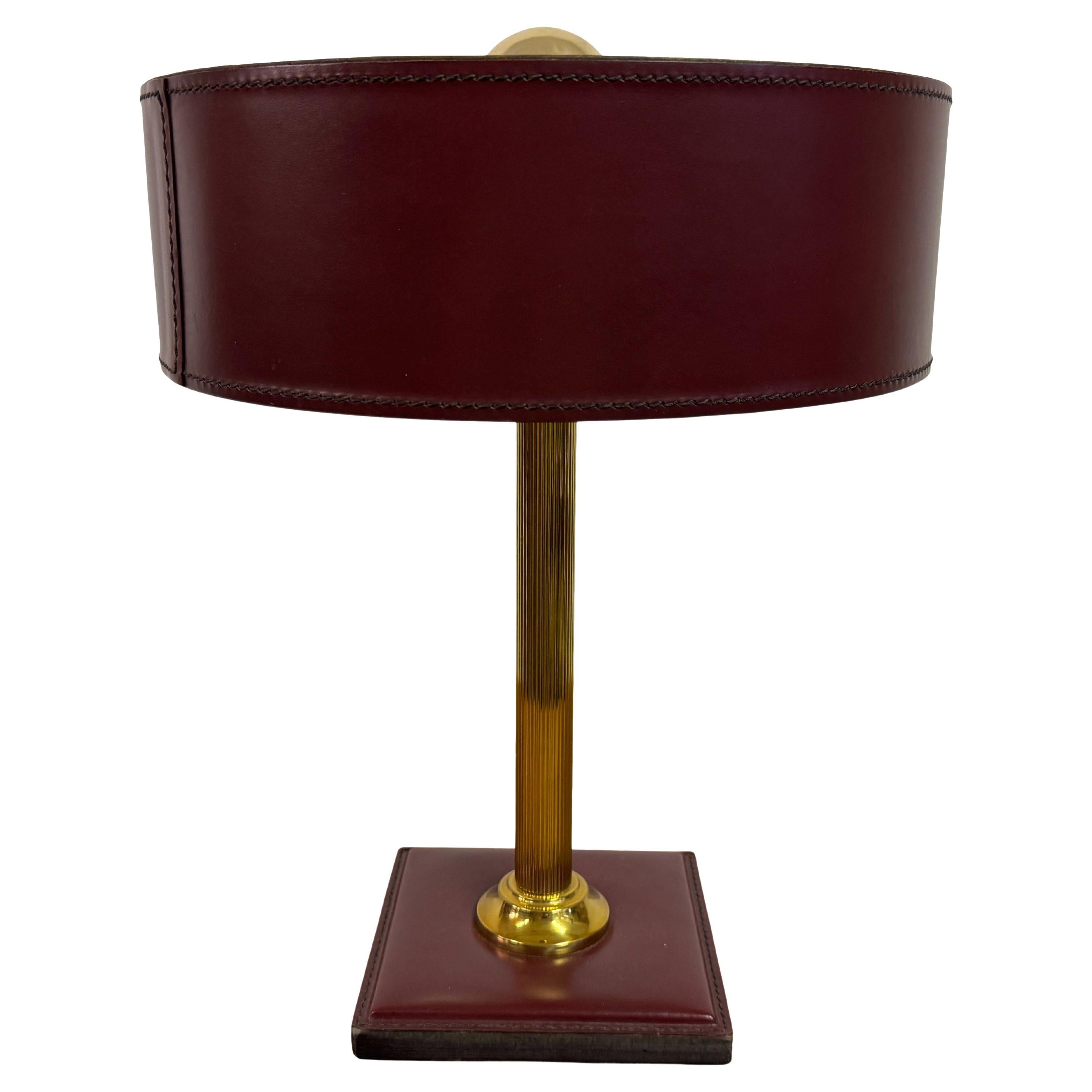 Brass and Oxblood Leather Table Lamp in Jacques Adnet Style, 1980s