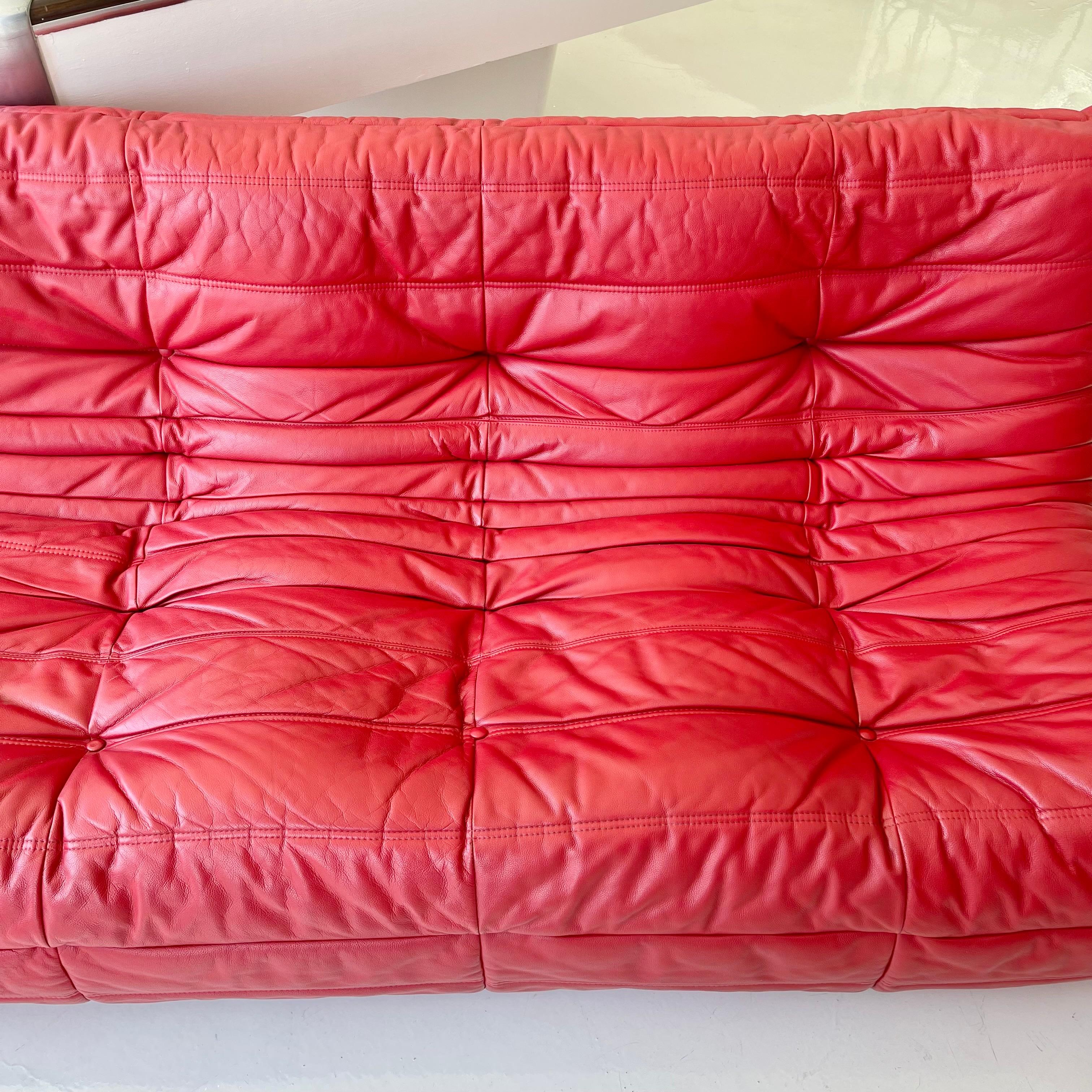 Mid-Century Modern Red Leather Togo 3 Seater Sofa by Ligne Roset, 1980s For Sale