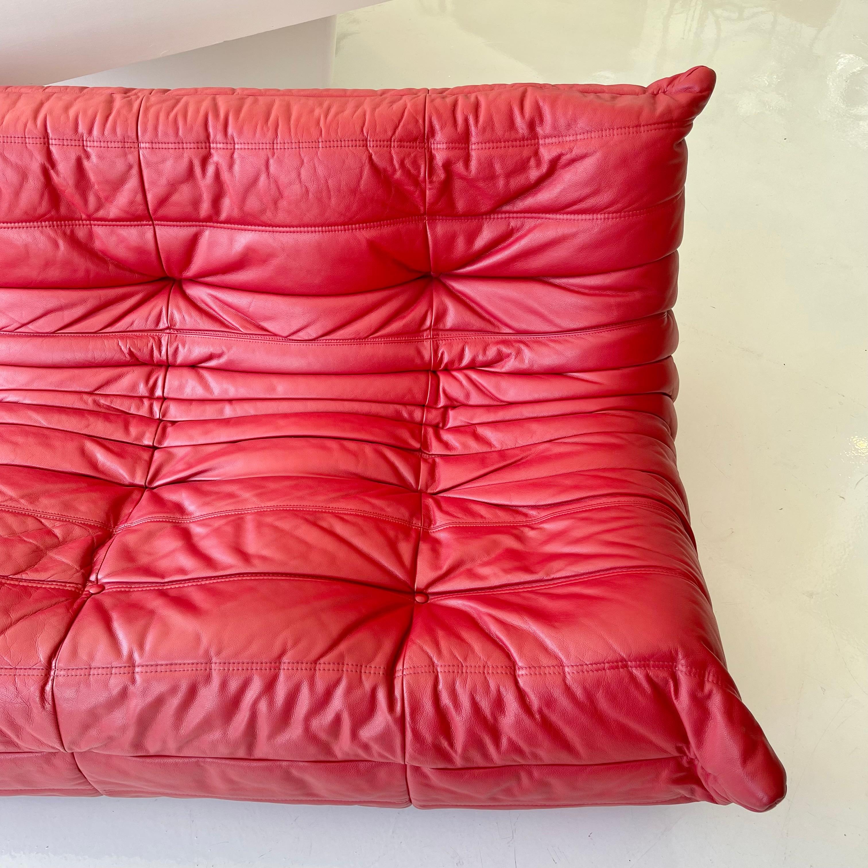 French Red Leather Togo 3 Seater Sofa by Ligne Roset, 1980s For Sale