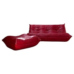 Red Leather Togo 3 seaters Sofa and its ottoman by Ligne Roset, 1970s