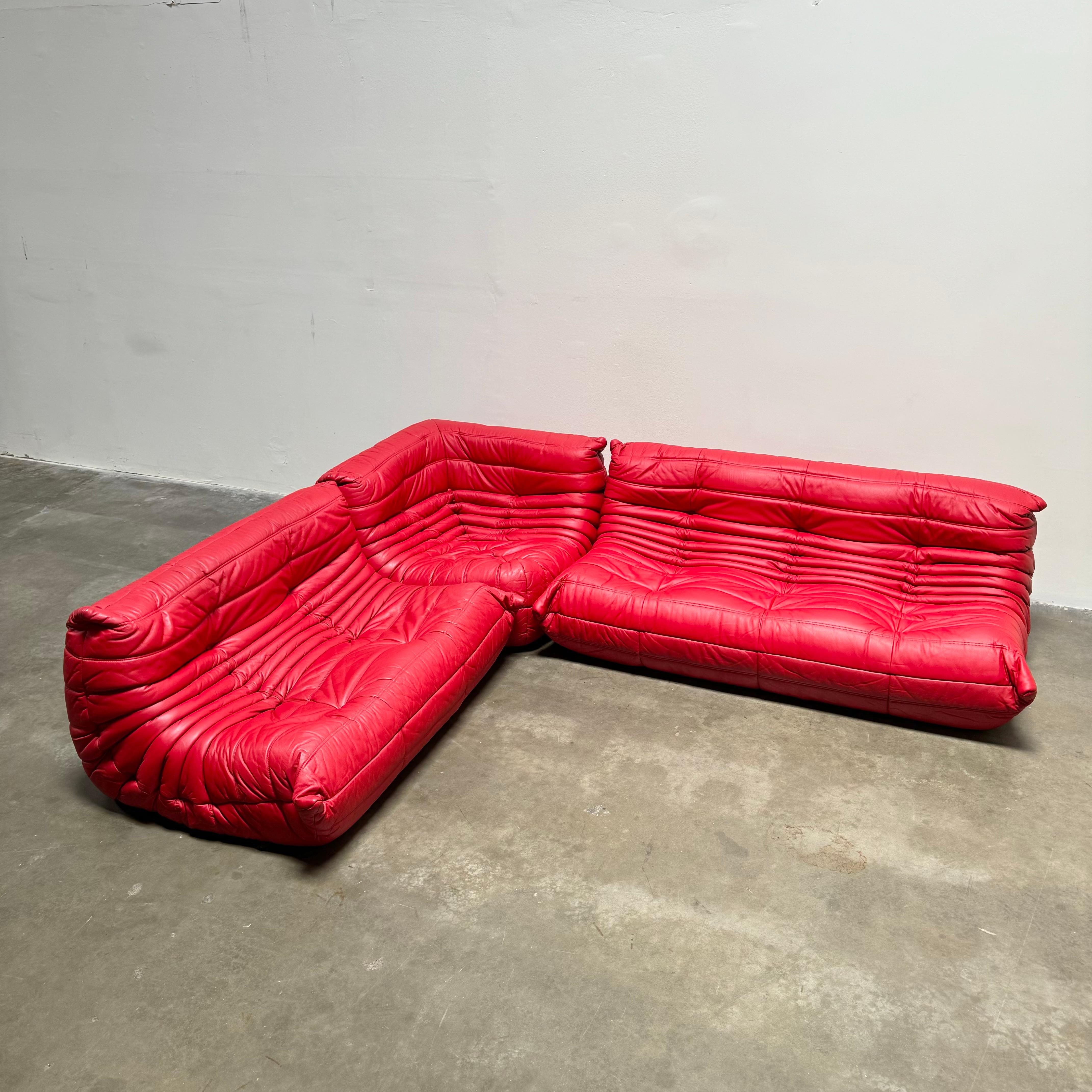 French Red Leather Togo Suite by Michel Ducaroy for Ligne Roset, 1990s