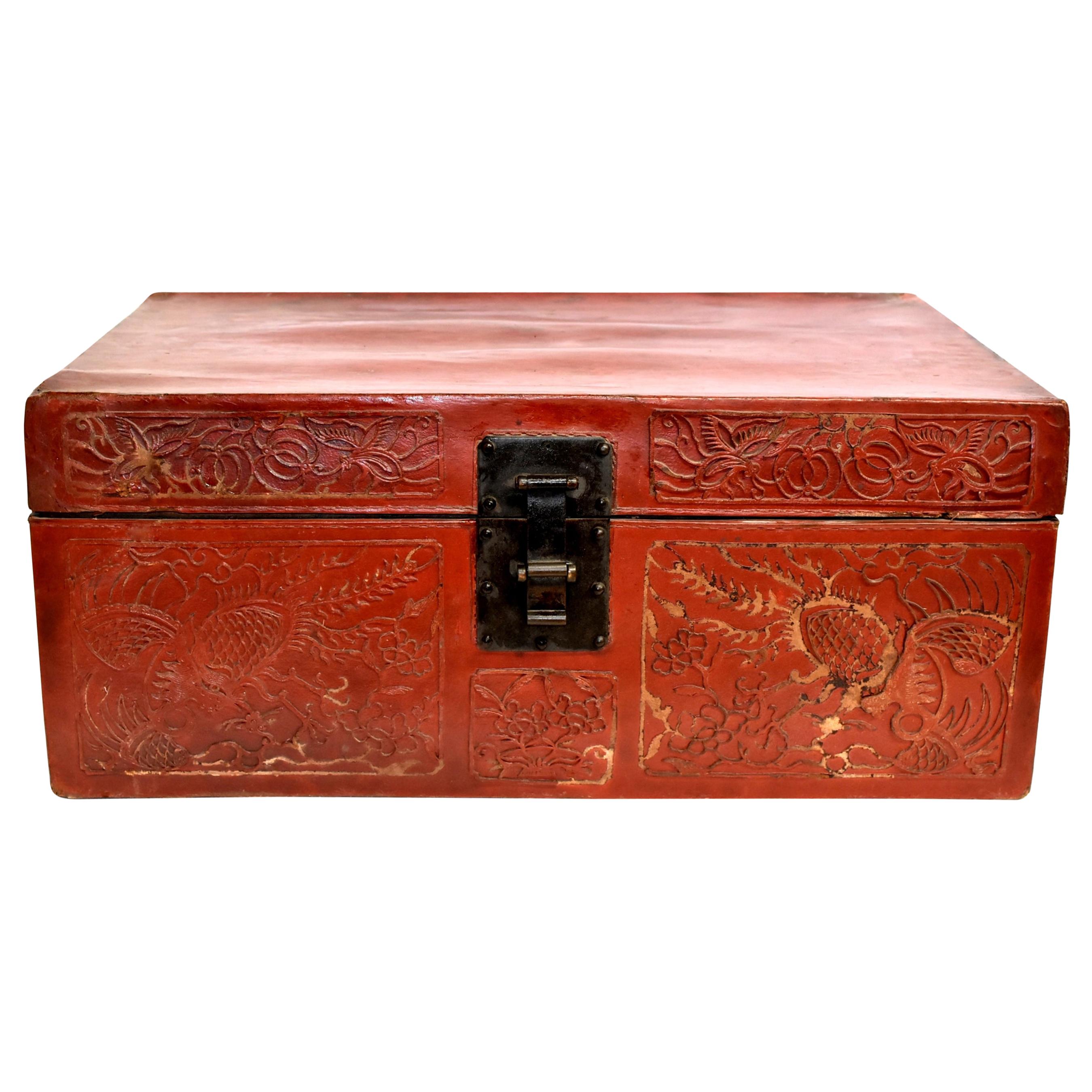 Red Leather Trunk Antique Chinese Suitcase