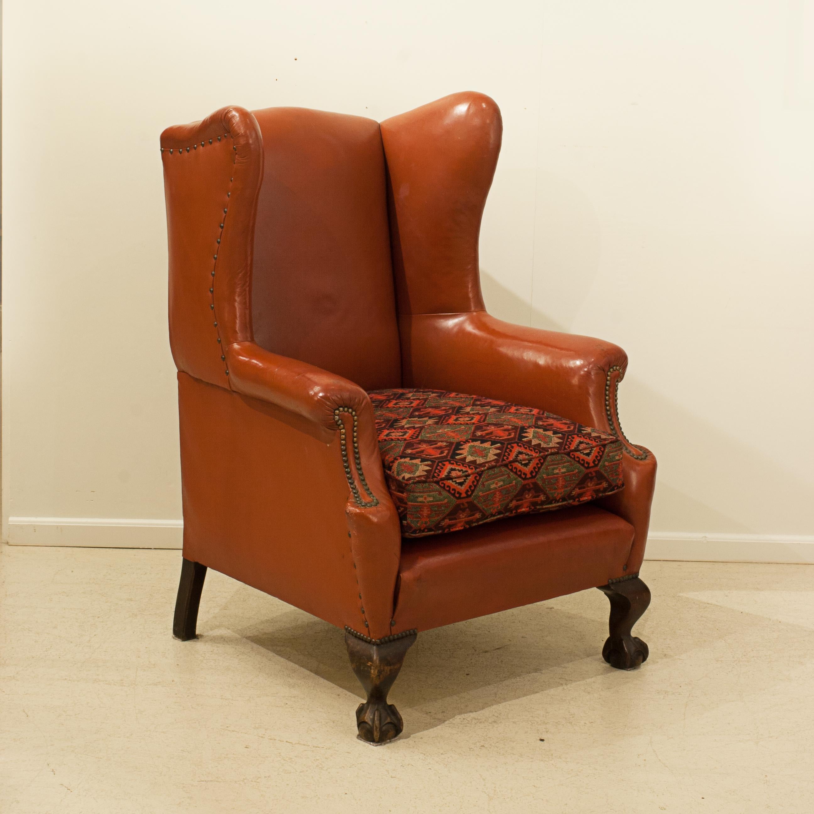 Red Leather Wing Armchair For Sale 9