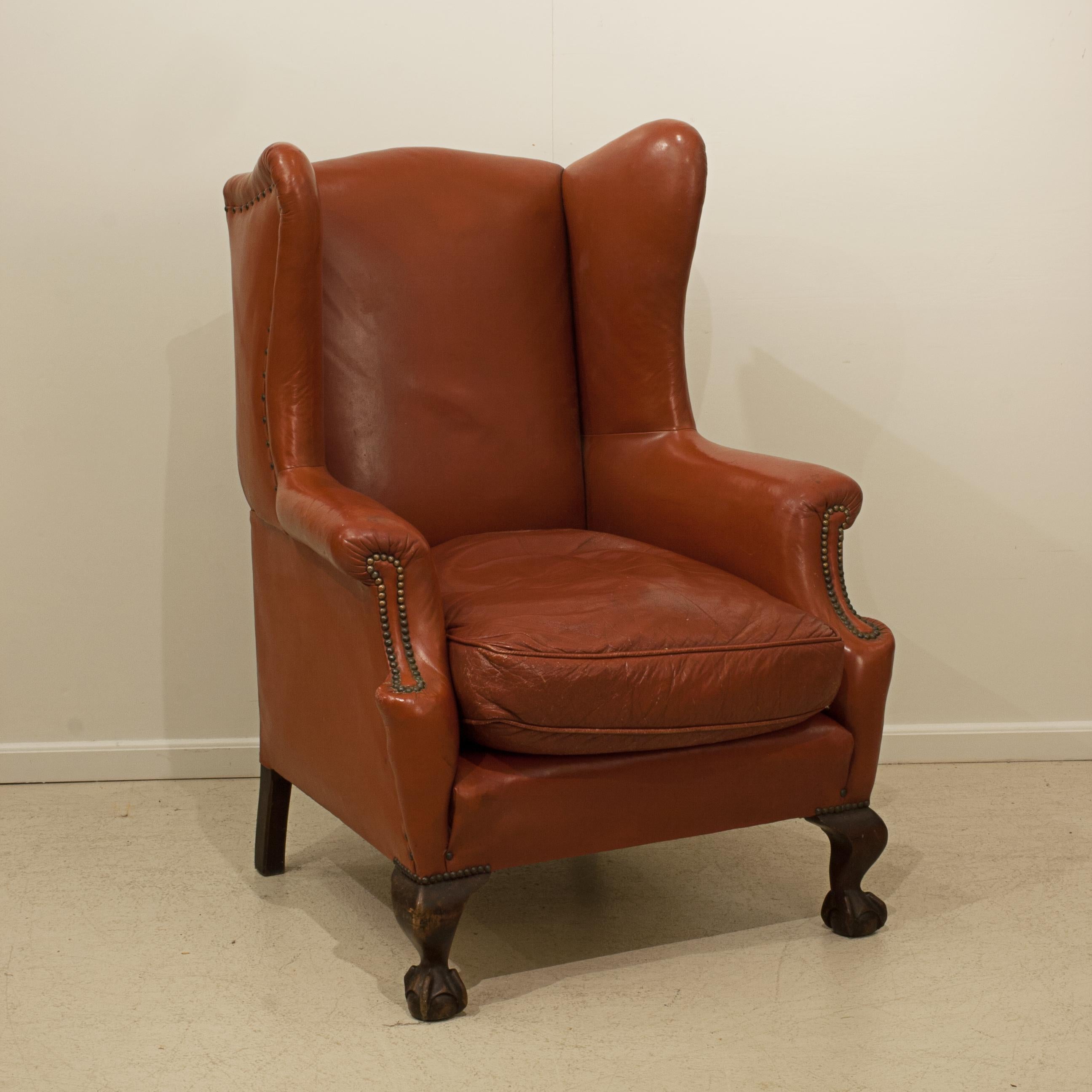Red Leather Wing Armchair For Sale 11