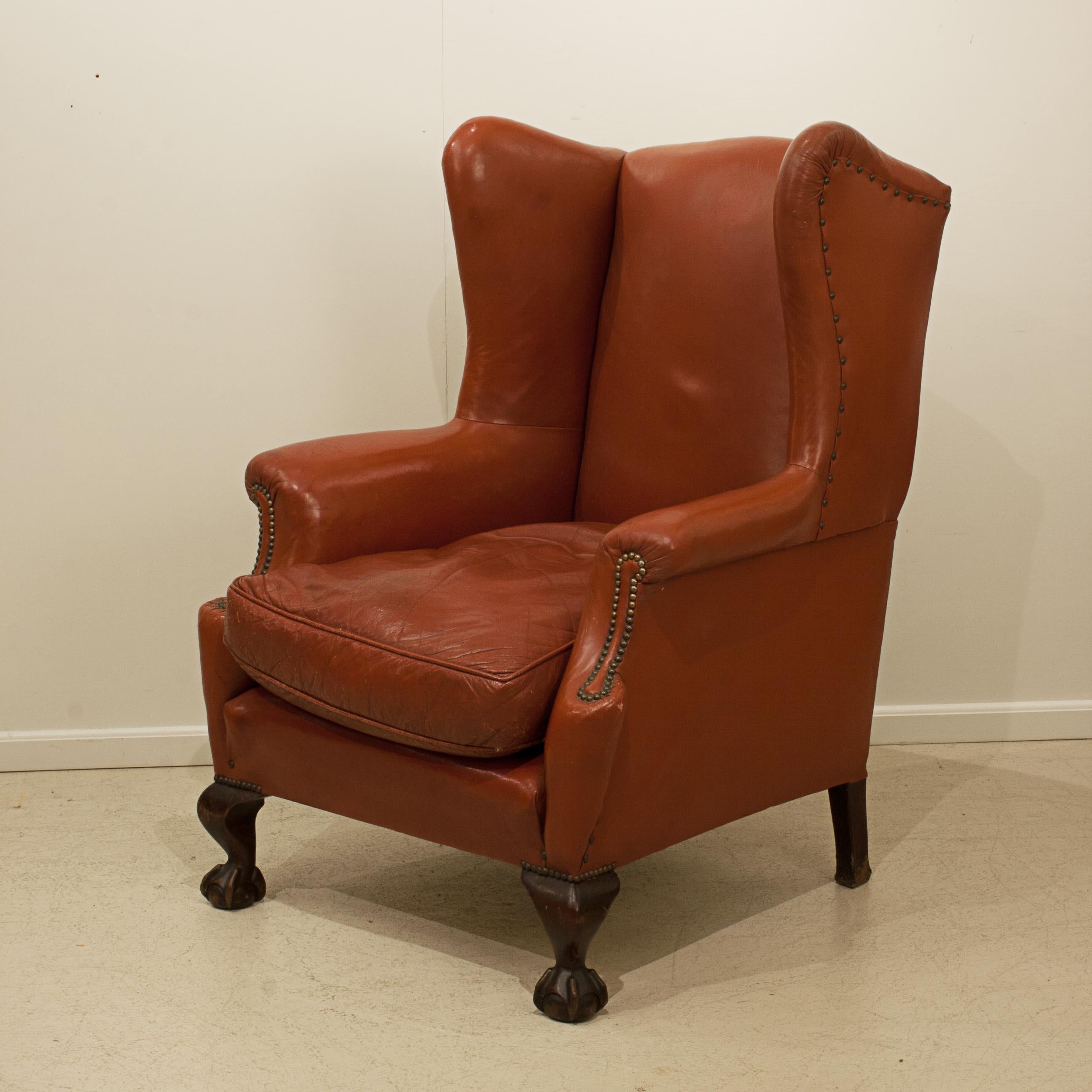 Red Leather Wing Armchair For Sale 15