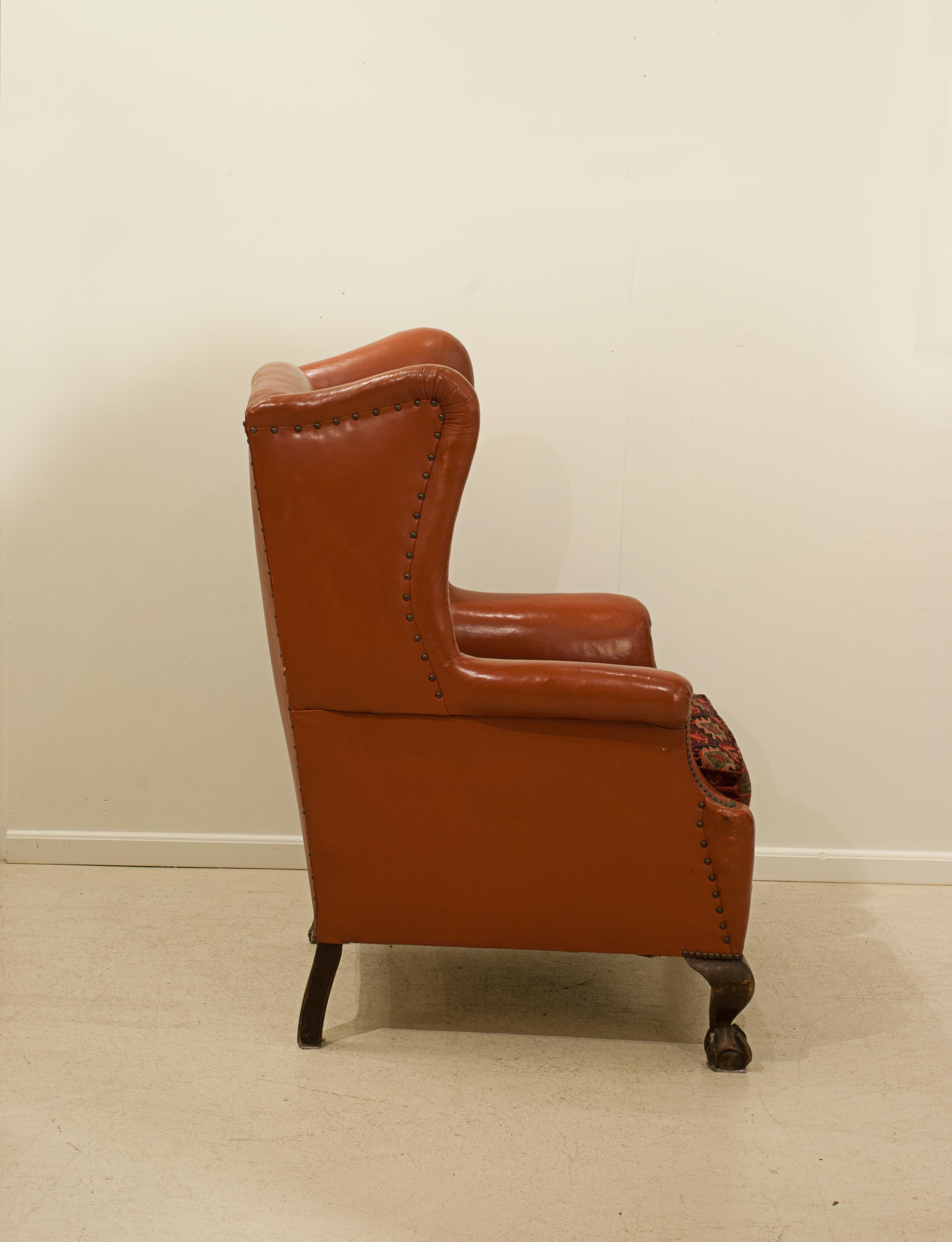20th Century Red Leather Wing Armchair For Sale