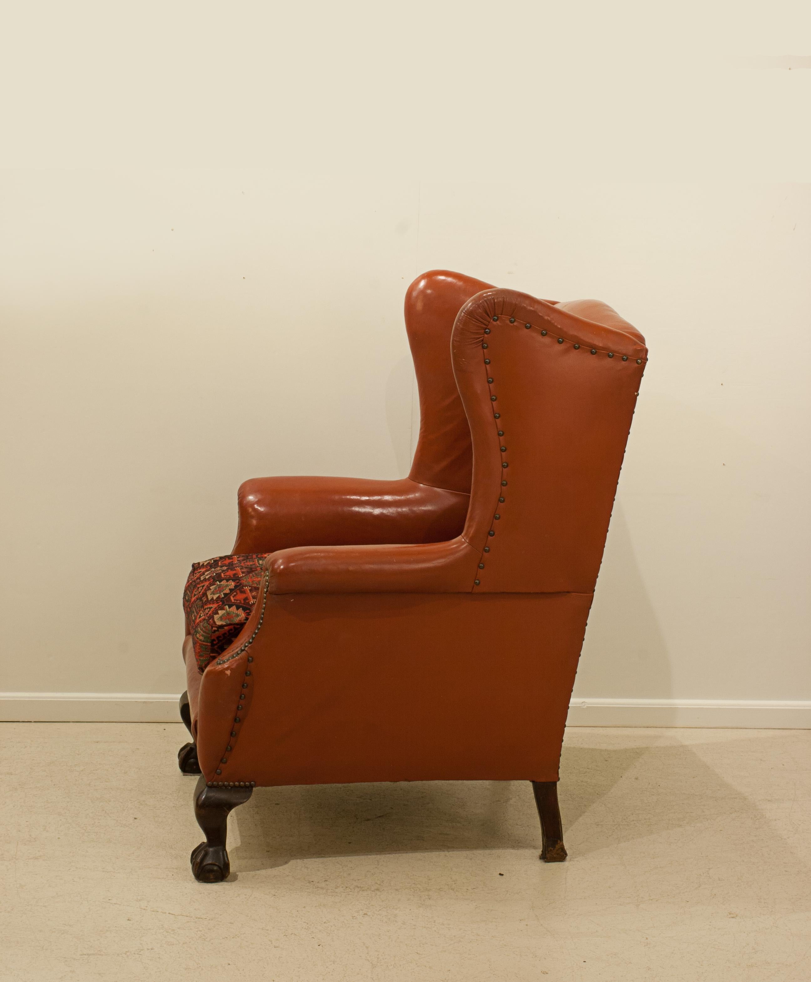 Red Leather Wing Armchair For Sale 1