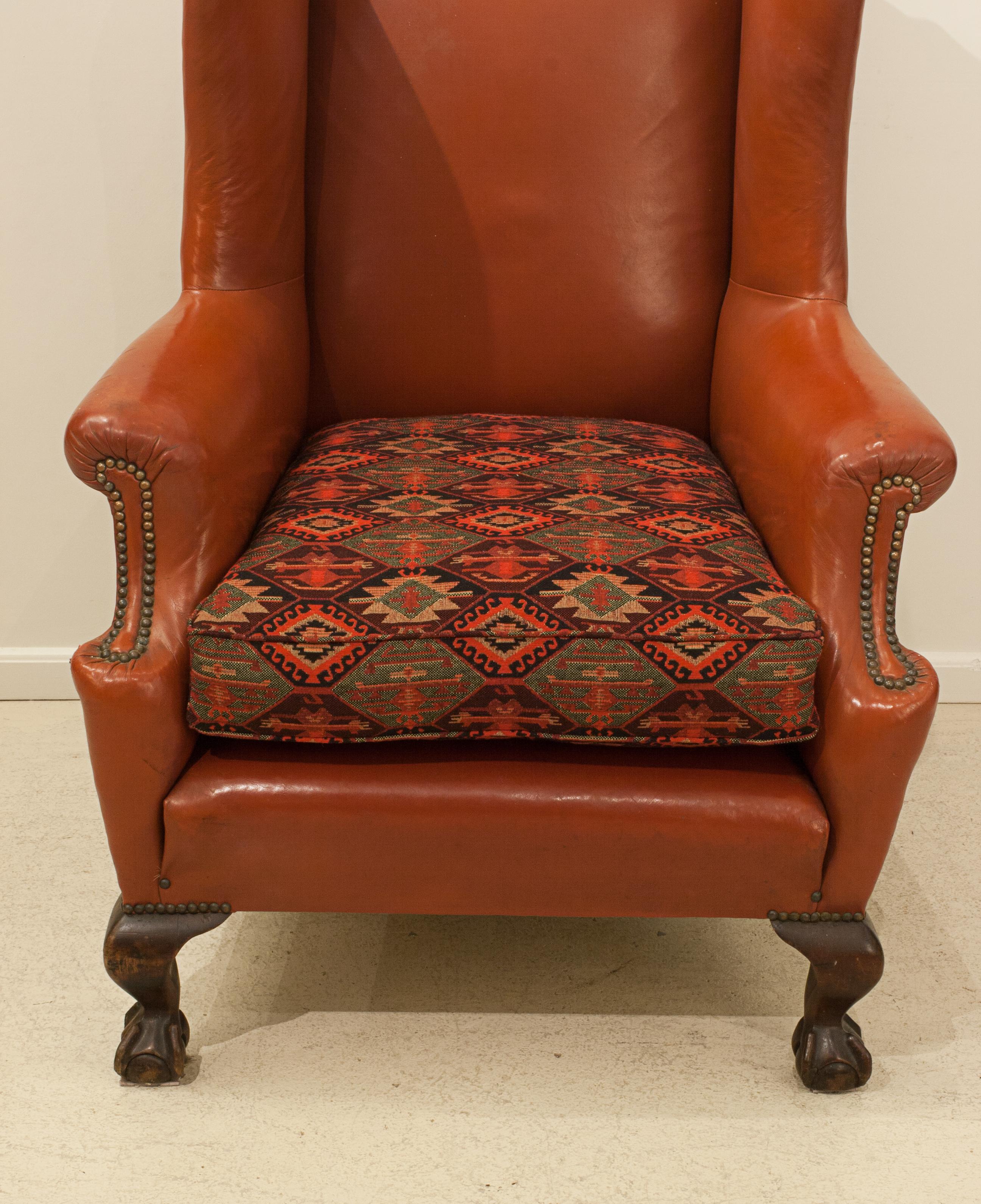 Red Leather Wing Armchair For Sale 2