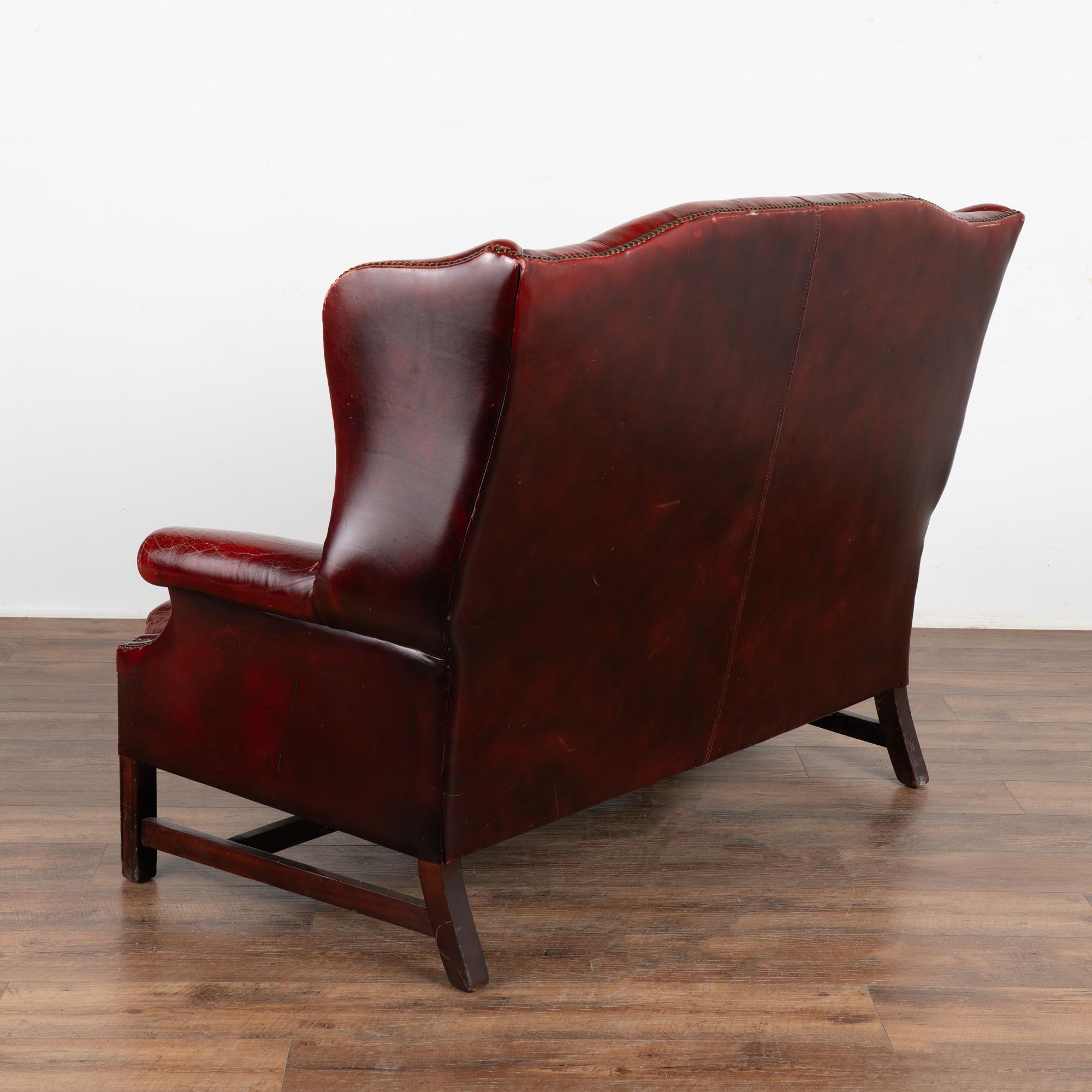 Red Leather Wingback Chesterfield Loveseat Double Chair, England circa 1960 For Sale 5