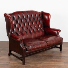 Red Leather Wingback Chesterfield Loveseat Double Chair, England circa 1960