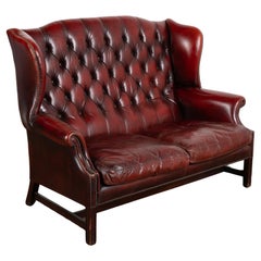 Antique Red Leather Wingback Chesterfield Loveseat Double Chair, England circa 1960