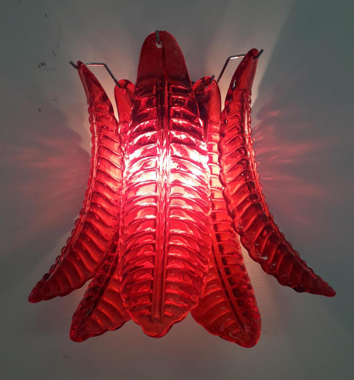 Italian wall light with vintage 1960s red Murano glass leaves mounted on newly made chrome finish metal frames / Made in Italy
2 lights / E12 type / max 40W each
Measures: Height 15 inches, width 16 inches, depth 9 inches
Currently ON HOLIDAY SALE