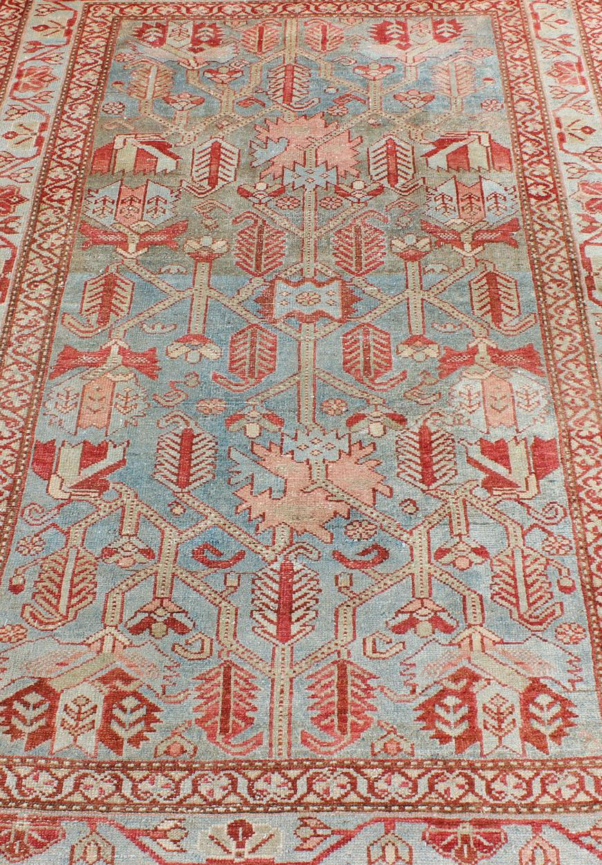 Red, Light Blue, and Peach Antique Persian Malayer Rug with Geometric Design For Sale 1