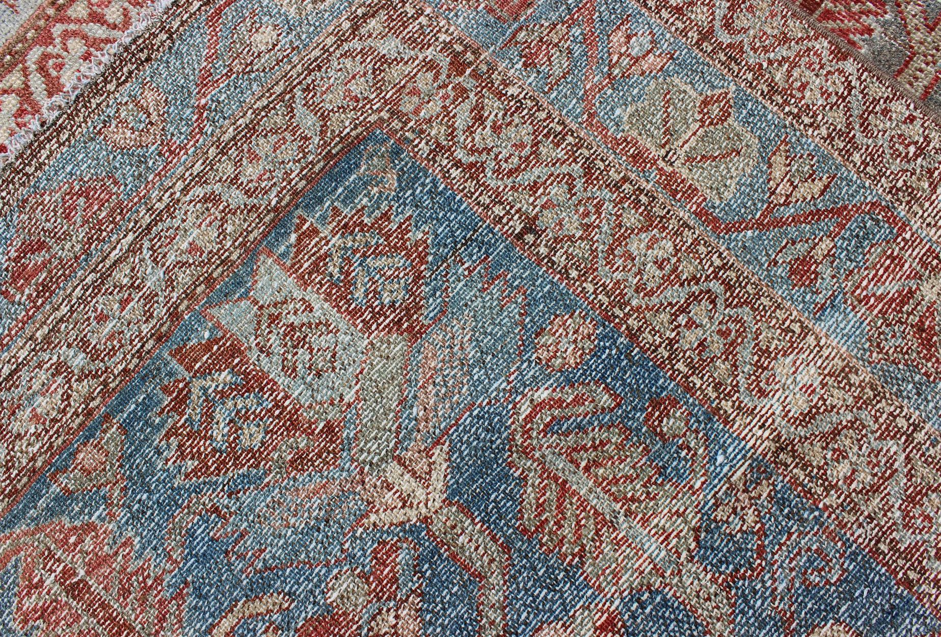 Red, Light Blue, and Peach Antique Persian Malayer Rug with Geometric Design For Sale 2