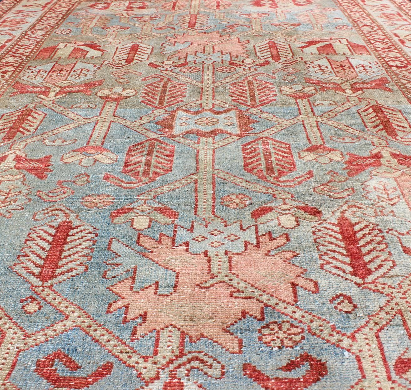 Hand-Knotted Red, Light Blue, and Peach Antique Persian Malayer Rug with Geometric Design For Sale