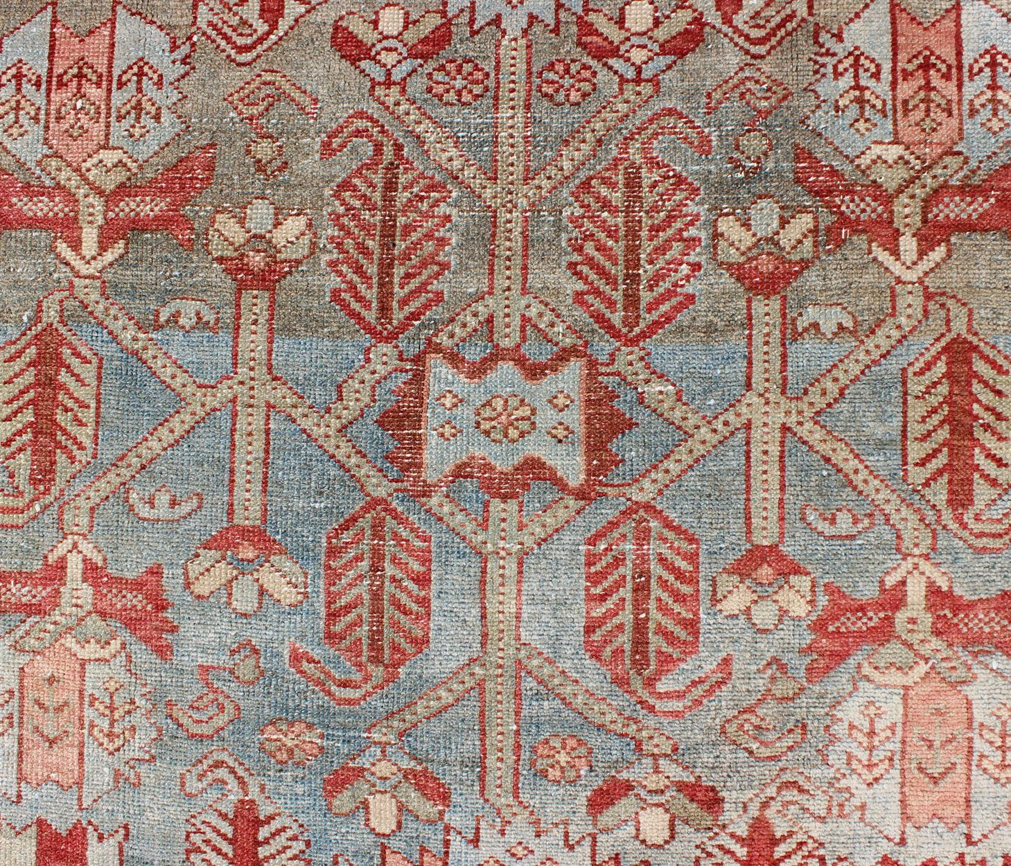 Red, Light Blue, and Peach Antique Persian Malayer Rug with Geometric Design In Good Condition For Sale In Atlanta, GA