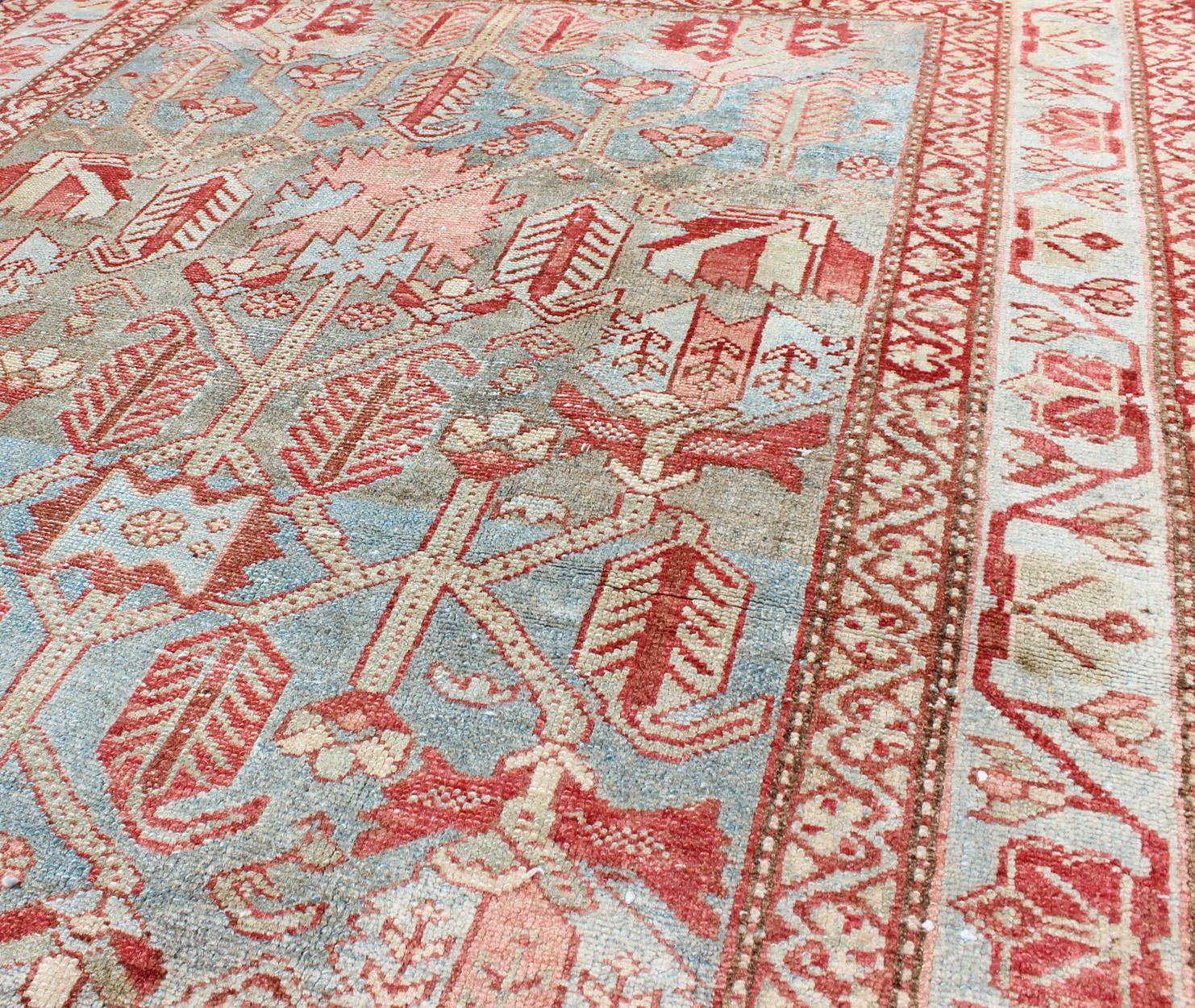 Wool Red, Light Blue, and Peach Antique Persian Malayer Rug with Geometric Design For Sale