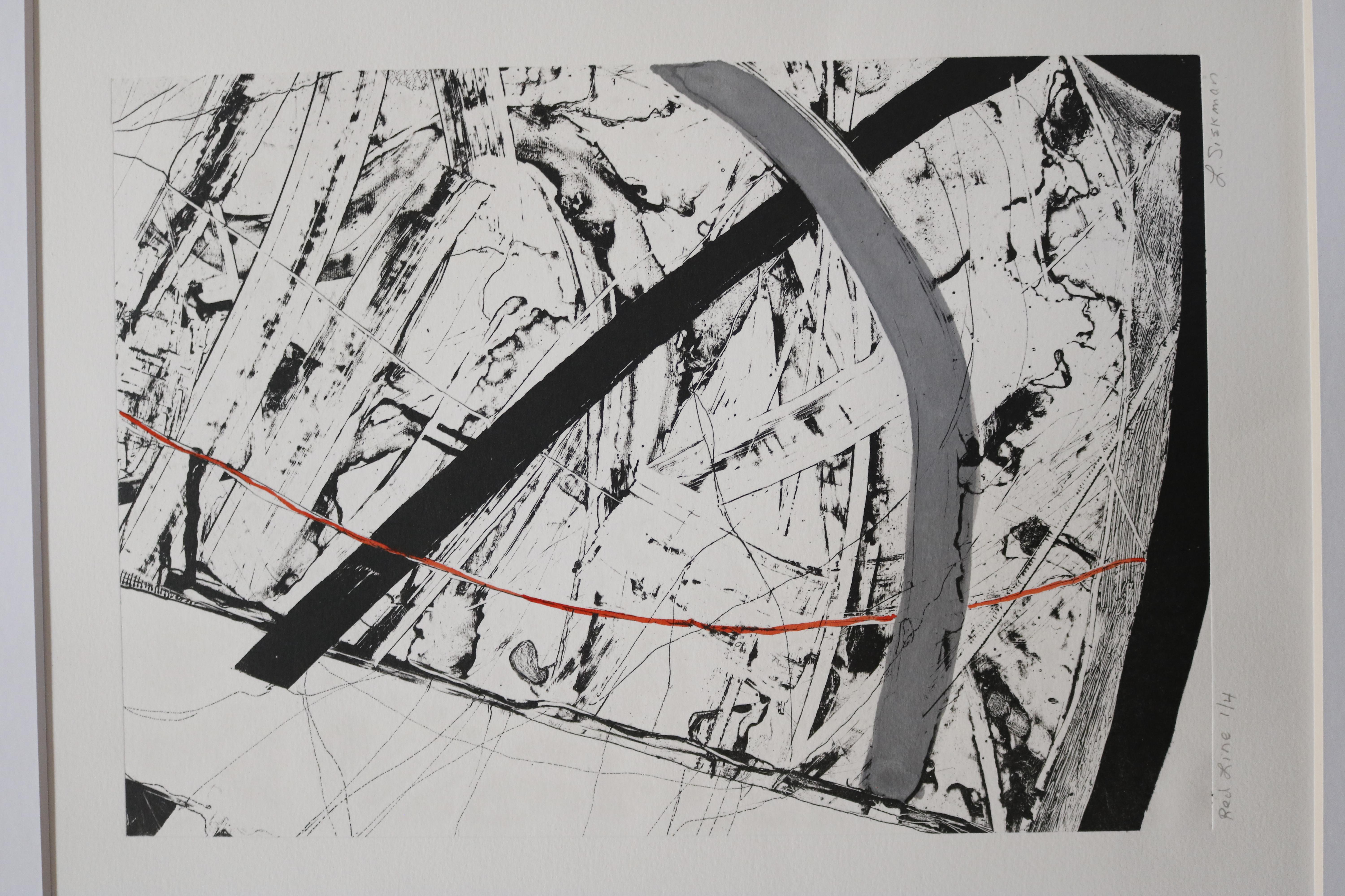 An intriguing, clean abstract lithograph in greyscale with one bold red line crossing the piece. Signed L. Siekman.
Signed and numbered 1/4. Sold unframed.
We have several lithographs (various dimensions) by this painter. They would be great