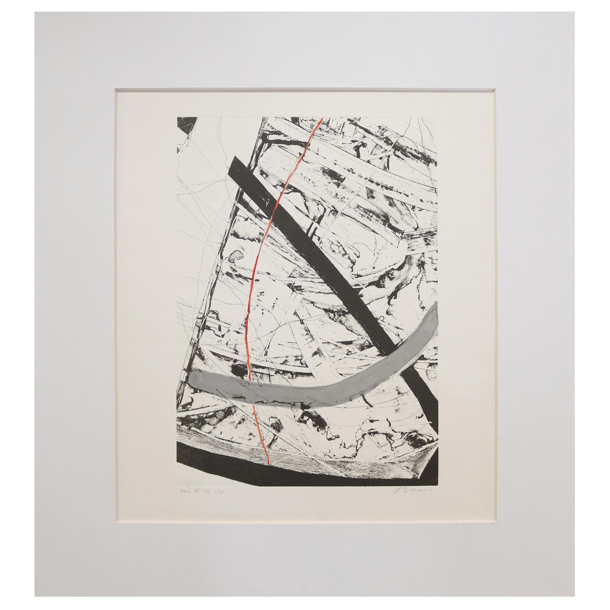 "Red Line" Black and White Lithograph Signed L. Siekman For Sale