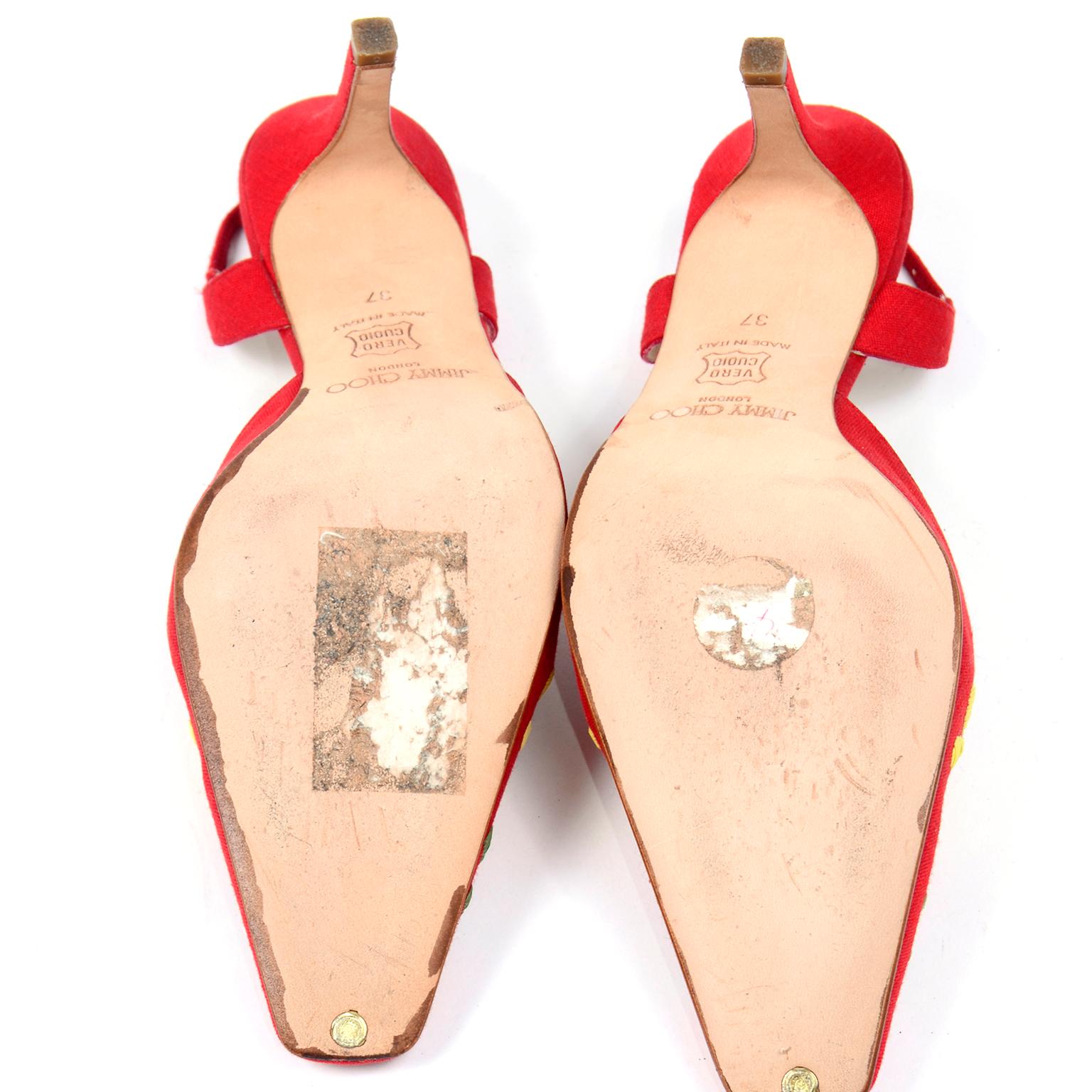Red Linen Jimmy Choo Slingback Heel Shoes With Daisy Flowers 7